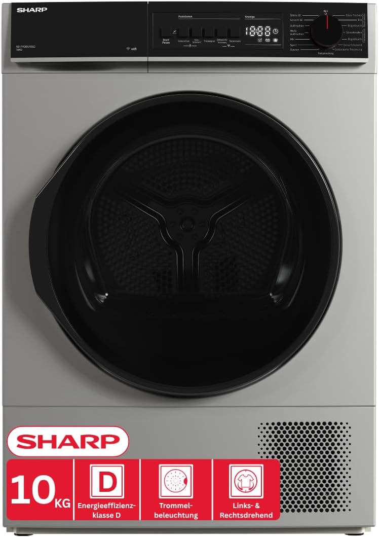 SHARP KD-PRO0S7GSD-DE Wärmepumpentrockner (10 kg, Edelstahltrommel mit LED-Beleuchtung), EEK D), (15 Trockenprogramme, 20 Min. Kurzprogramm, WiFi