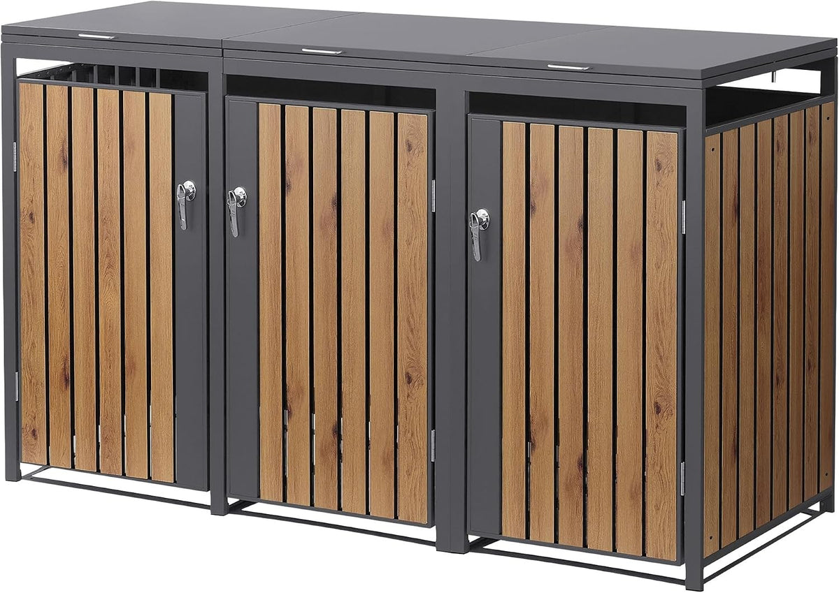 ML-Design Mülltonnenbox 3er 240L, 200x80x120 cm Anthrazit-Holzoptik, Mülltonnenverkleidung für 3 Mülltonnen, Mülltonnenhaus aus Stahl