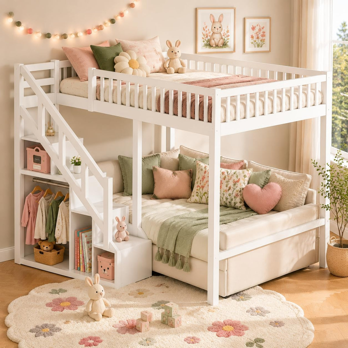 Etagenbett 90x200 mit Stauraum, Kinderbett mit Rausfallschutz Hochbett mit Treppe Stockbett Einzelbett Funktionsbett mit Schrank Kinderhochbett