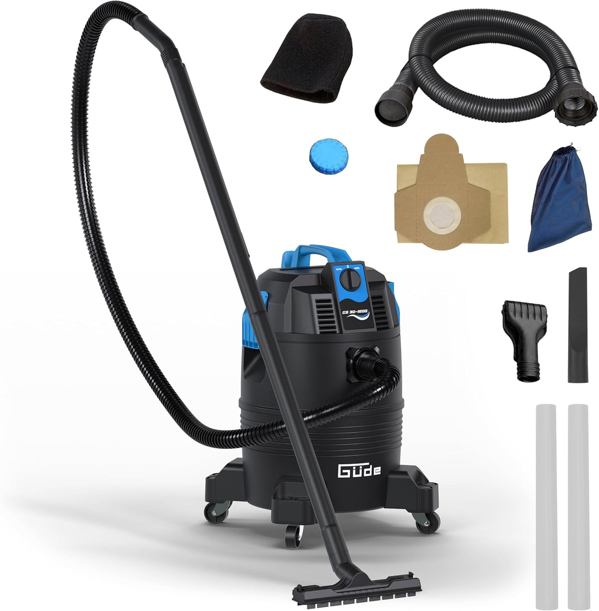 Güde GS 30-1600 3 in 1 Schlammsauger, 30 Liter Behälter, für Teich- und Poolreinigung, 230 Volt, 1600 Watt, 180 Millibar Unterdruck, Saugrohr