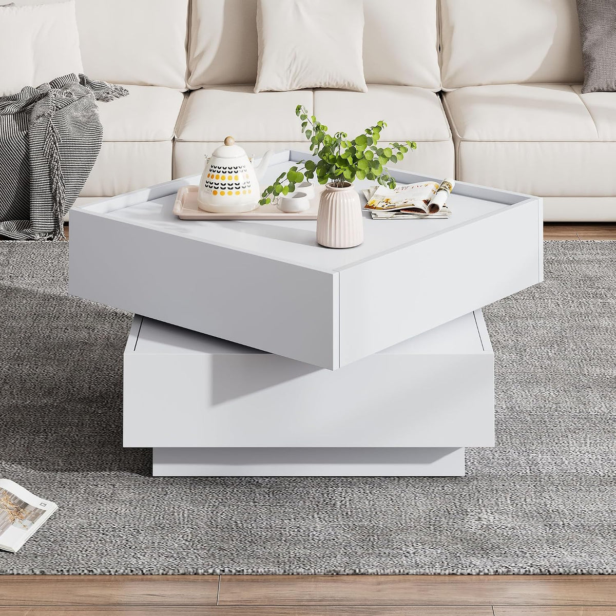 Merax Couchtisch quadratische, 60x60x38cm, Moderner 360° drehbare Wohnzimmertisch mit 2 Schubladen, Weiß
