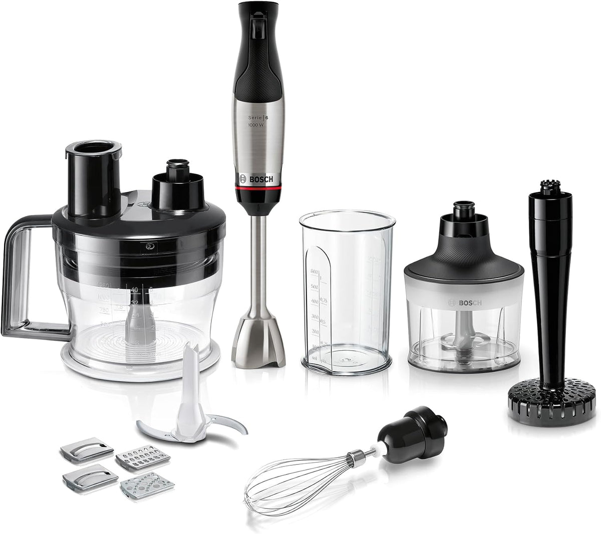 Bosch Stabmixer ErgoMaster Serie 6, MSM6M673, 1000 W, 4 Edelstahl-Klingen, einhändig bedienbar, verschleißfreie Keramik-Kupplung, langlebig