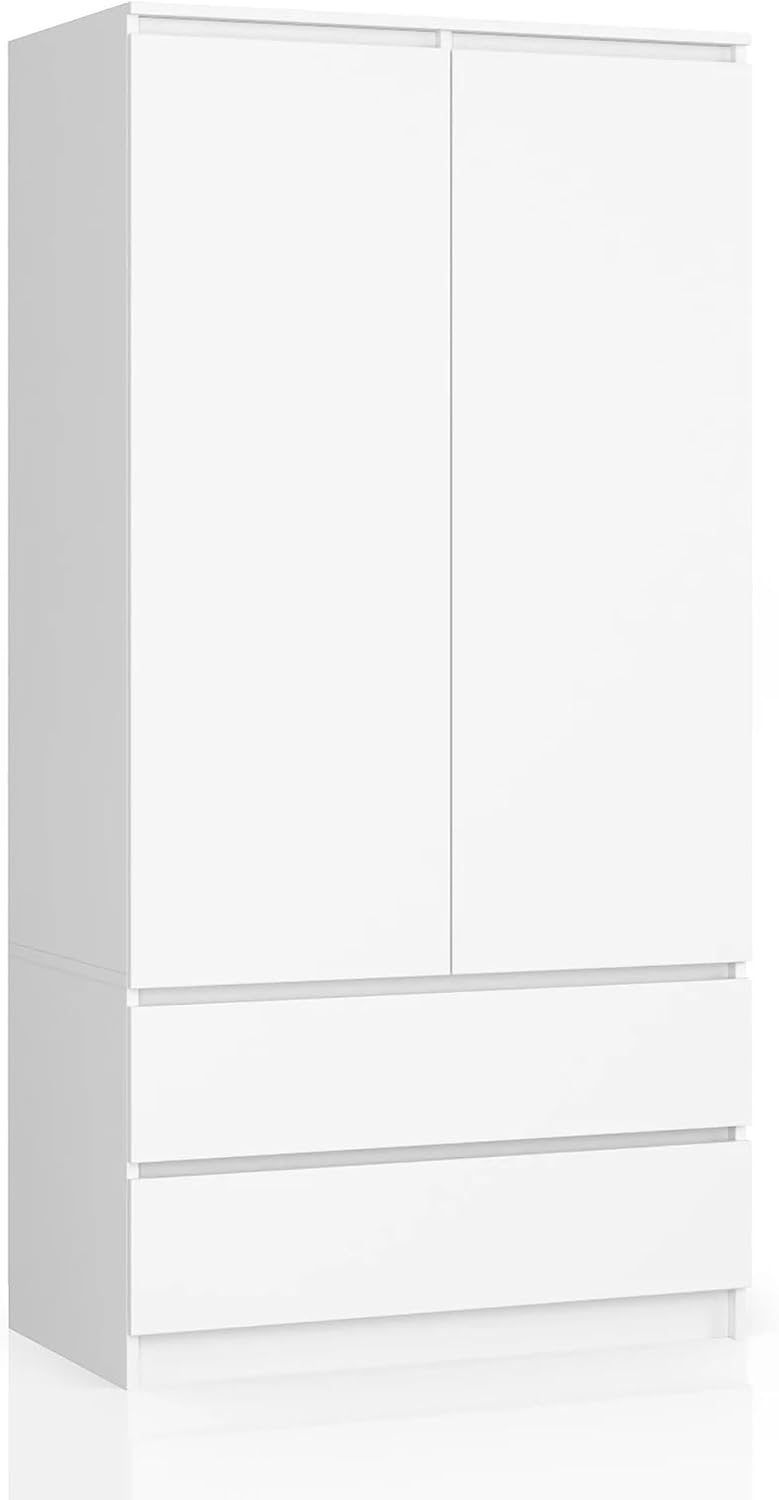 AKORD Zweitüriger Kleiderschrank S 90 cm 2 Schubladen mit Regalen und Einer Kleiderstange für EIN Schlafzimmer Kleiderschränke Minimalistischer Stil