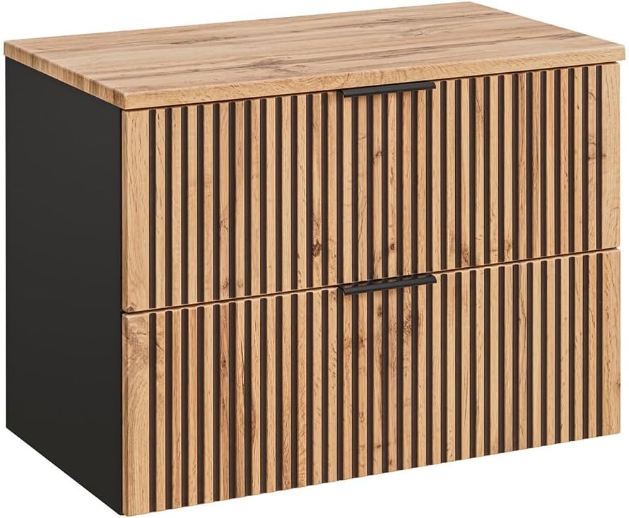 Lomadox Waschtischunterschrank 80 cm Badezimmer Unterschrank mit Waschtischplatte für Aufsatzwaschbecken anthrazit mit Eiche Nb. schwarz gerillt