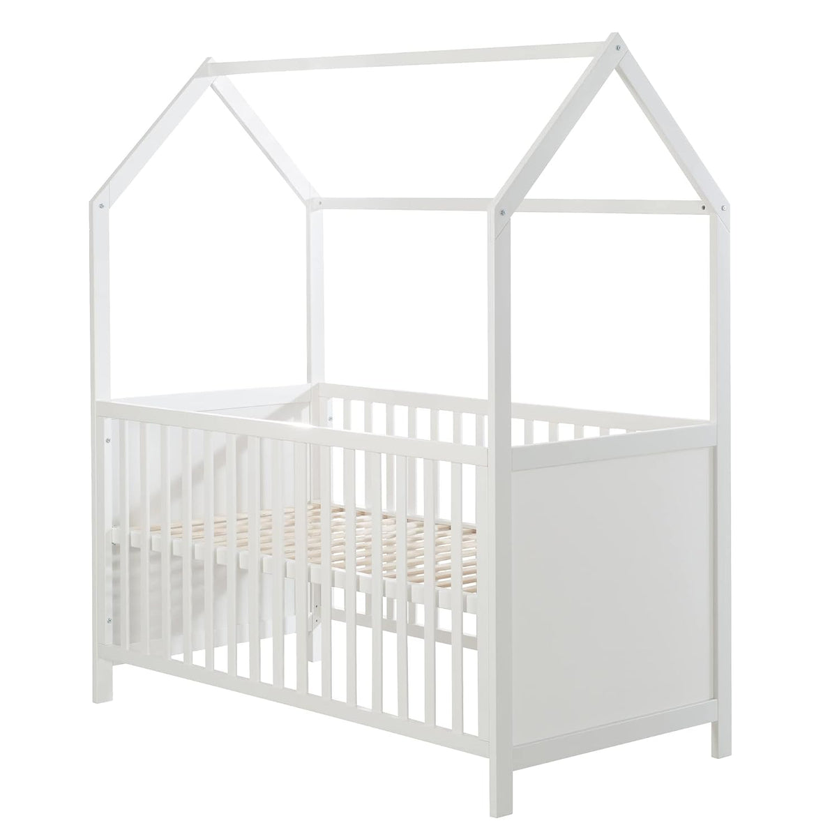roba Hausbett 70 x 140 cm, FSC zertifiziert, Babybett in Hausoptik, Höhenverstellbar, Umbaubar zum Juniorbett, Holz weiß