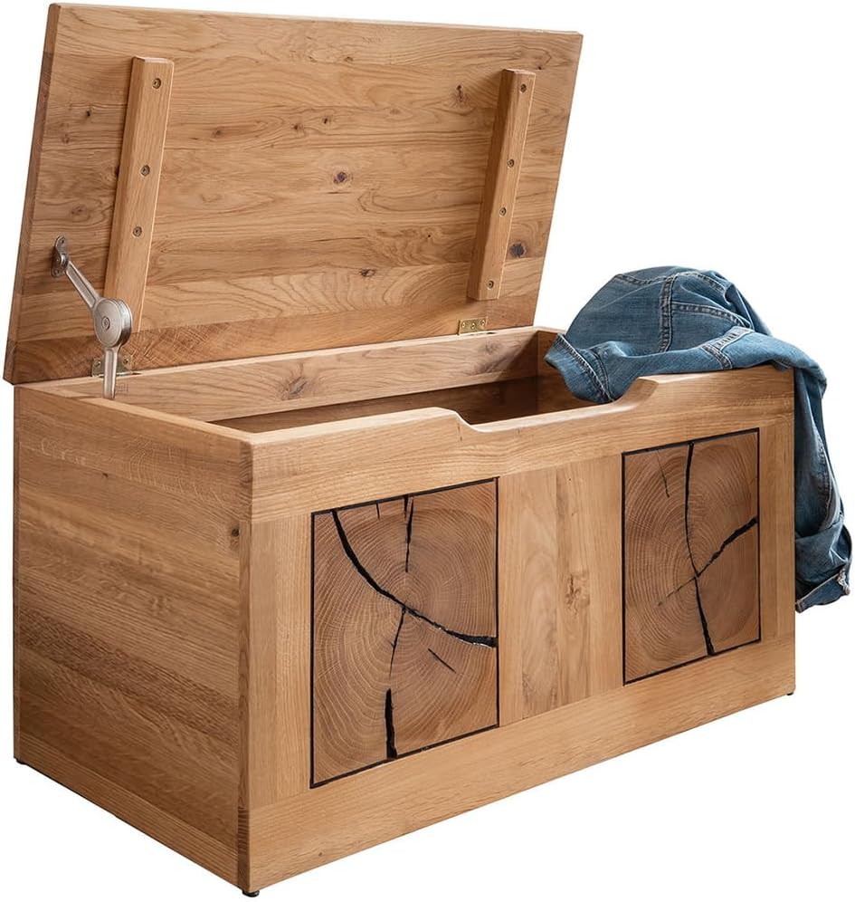 Lomadox Sitztruhe Massivholz Sitzbank Wäschetruhe Sitztruhe Betttruhe B/H/T ca. 80/40/40 cm modern in Eiche geölt mit Hirnholz