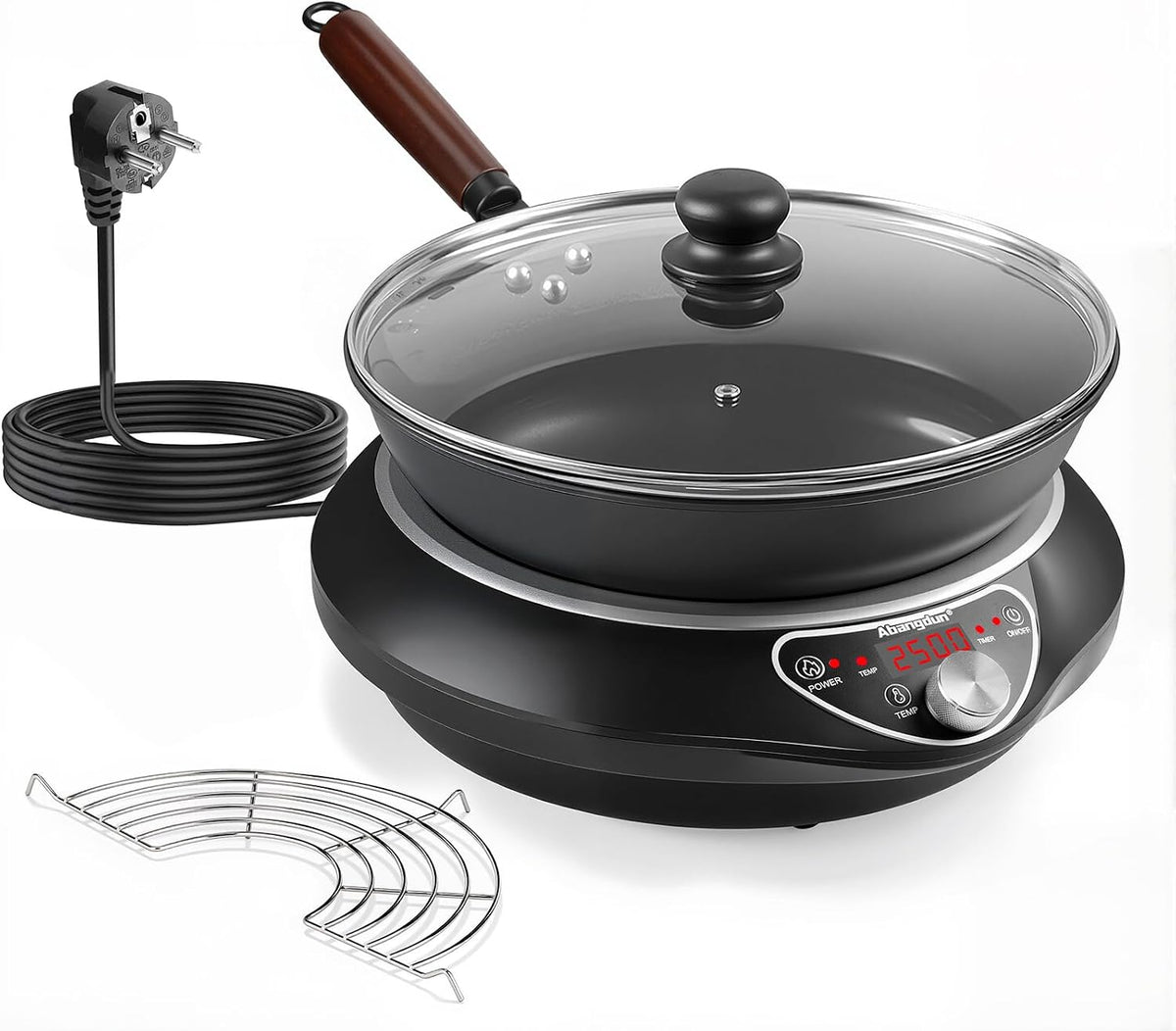 Wok Induktionskochfeld, 190-275V (Schwarz), 2500W induktionskochplatte mit Wok 12 Heizstufen Kochplatte Induktion Temperaturbereich, 18-Stunden-Timer