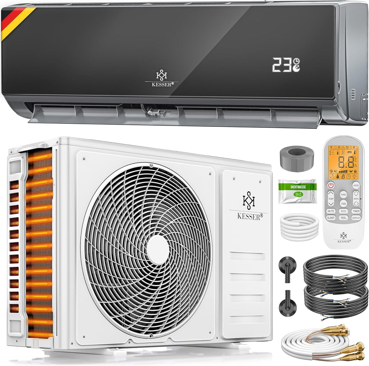 KESSER Split Klimaanlage Set Quick Connect, mit Kupferleitung 12000 BTU 3,4 kW Kältemittel R32 Inkl. Montagematerial