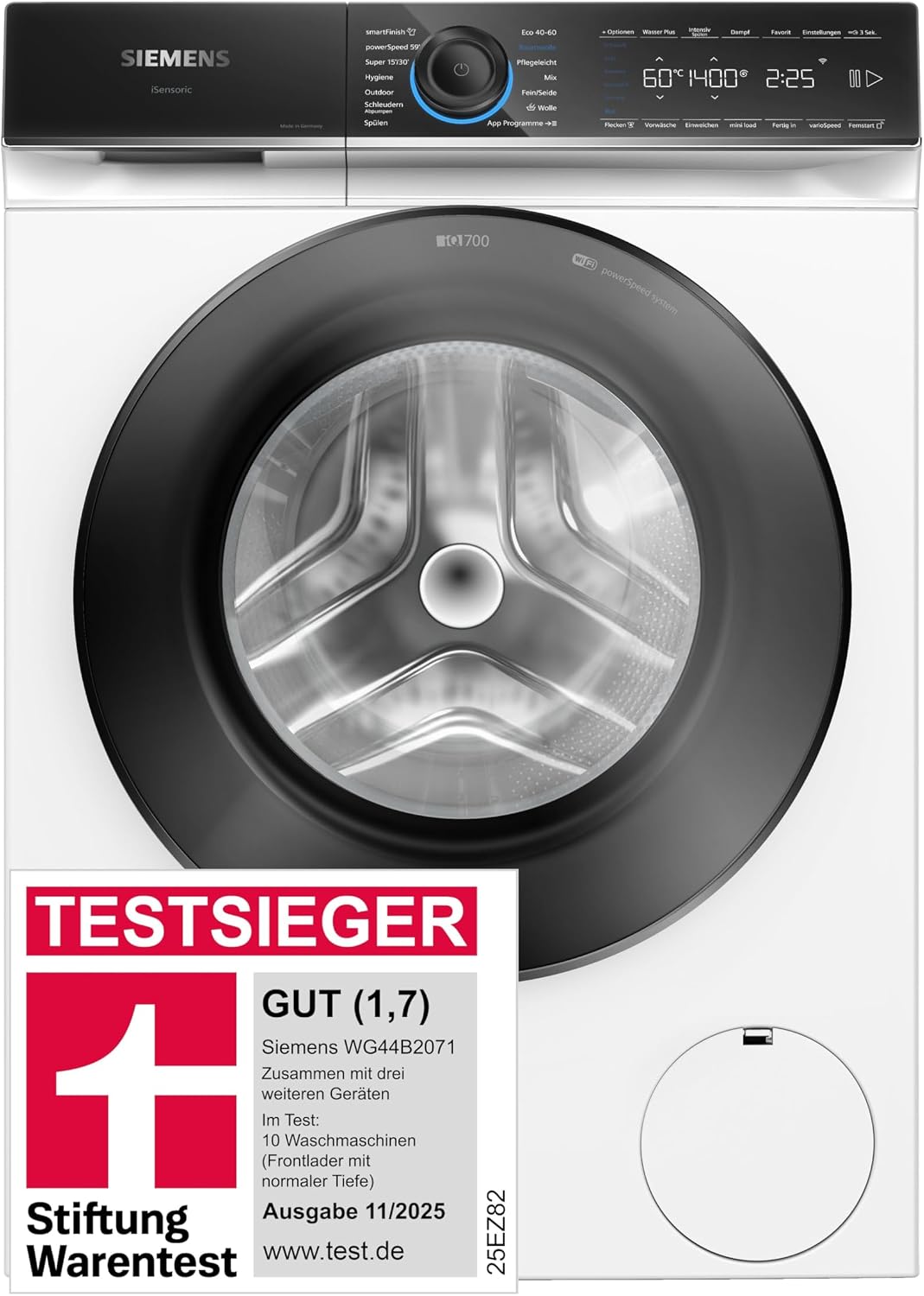 Siemens WG44B2071, Smarte Waschmaschine 9 kg, iQ700, schneller Waschen mit speedPack XL, smartFinish für weniger Falten, 1400 UpM, Made in Germany