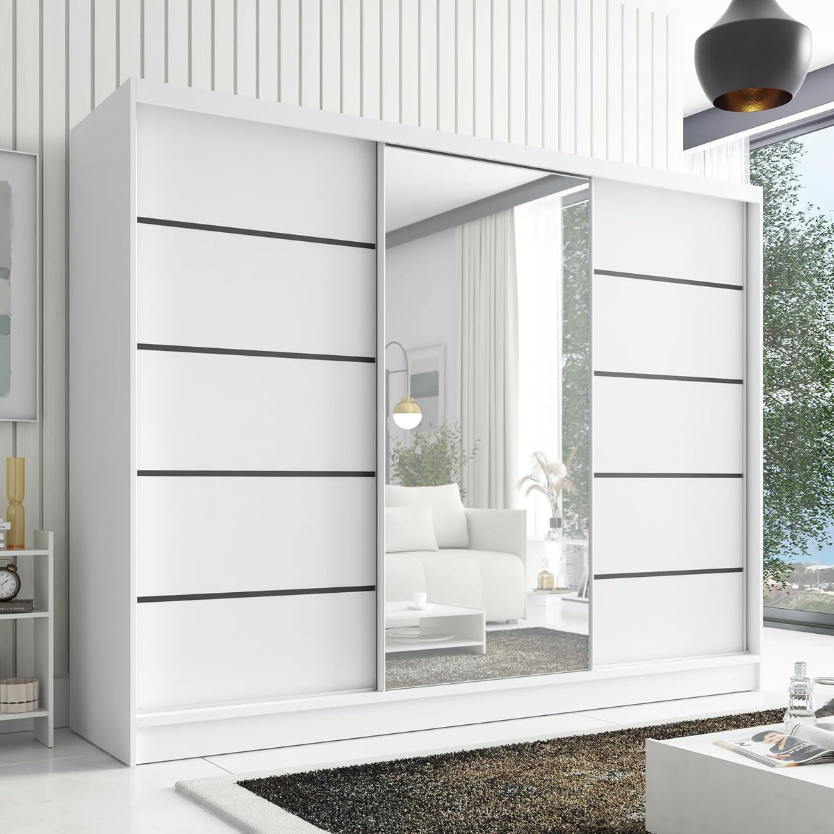 A&J MöbelLand Kleiderschrank Aurelia 2, Schwebetürenschrank 200 cm breit mit Spiegel, 3-türig, Kleiderschrank mit Schubladen