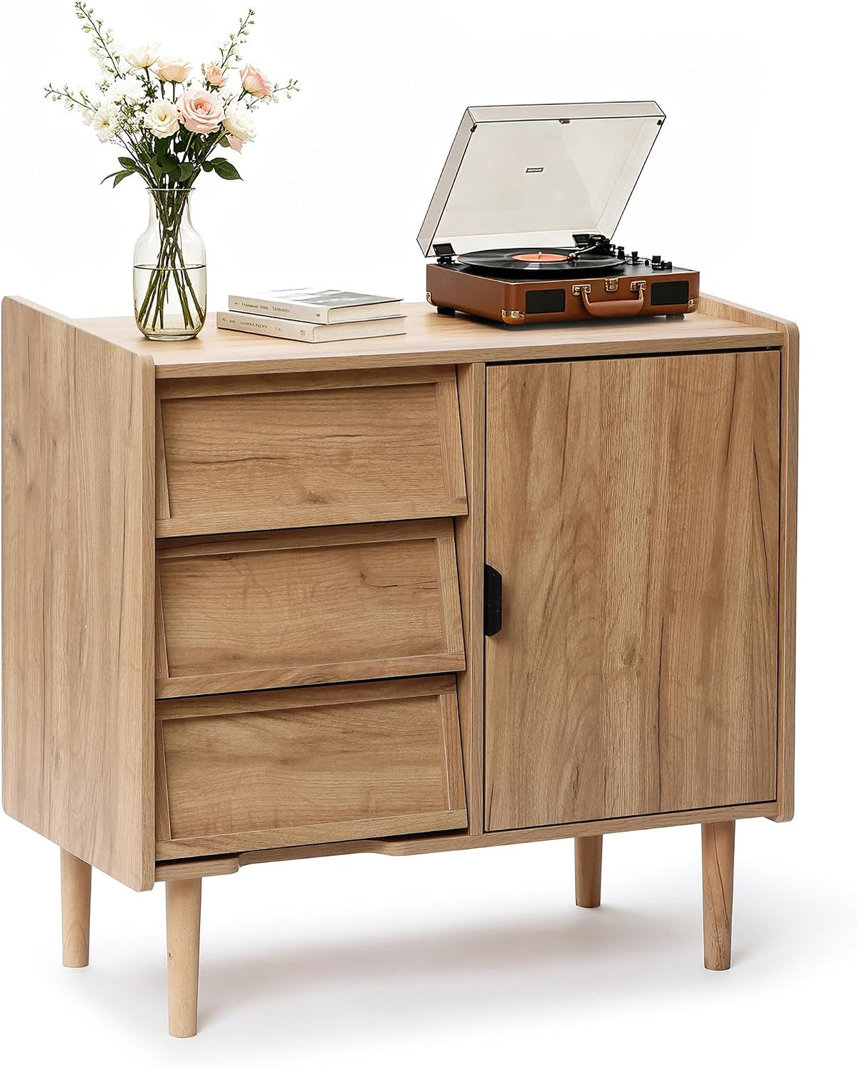 Hometopia Sideboard Holz mit 3 Schubladen & Tür, Kommode mit Verstellbarem Einlegeboden, 80 × 39 × 74 cm, Anrichte für Wohnzimmer und Flur