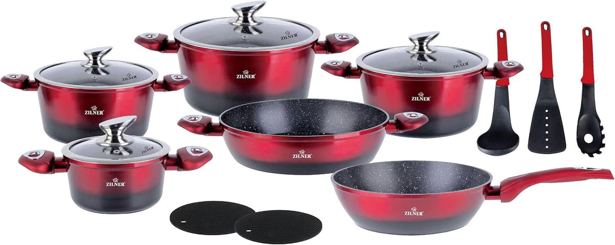 Töpfe & Pfannen Set, 15-teilig, Topfset mit Glasdeckeln, für alle Herdarten inkl. Induktion, Marmor- & Keramikbeschichtung, Rot, antihaftend