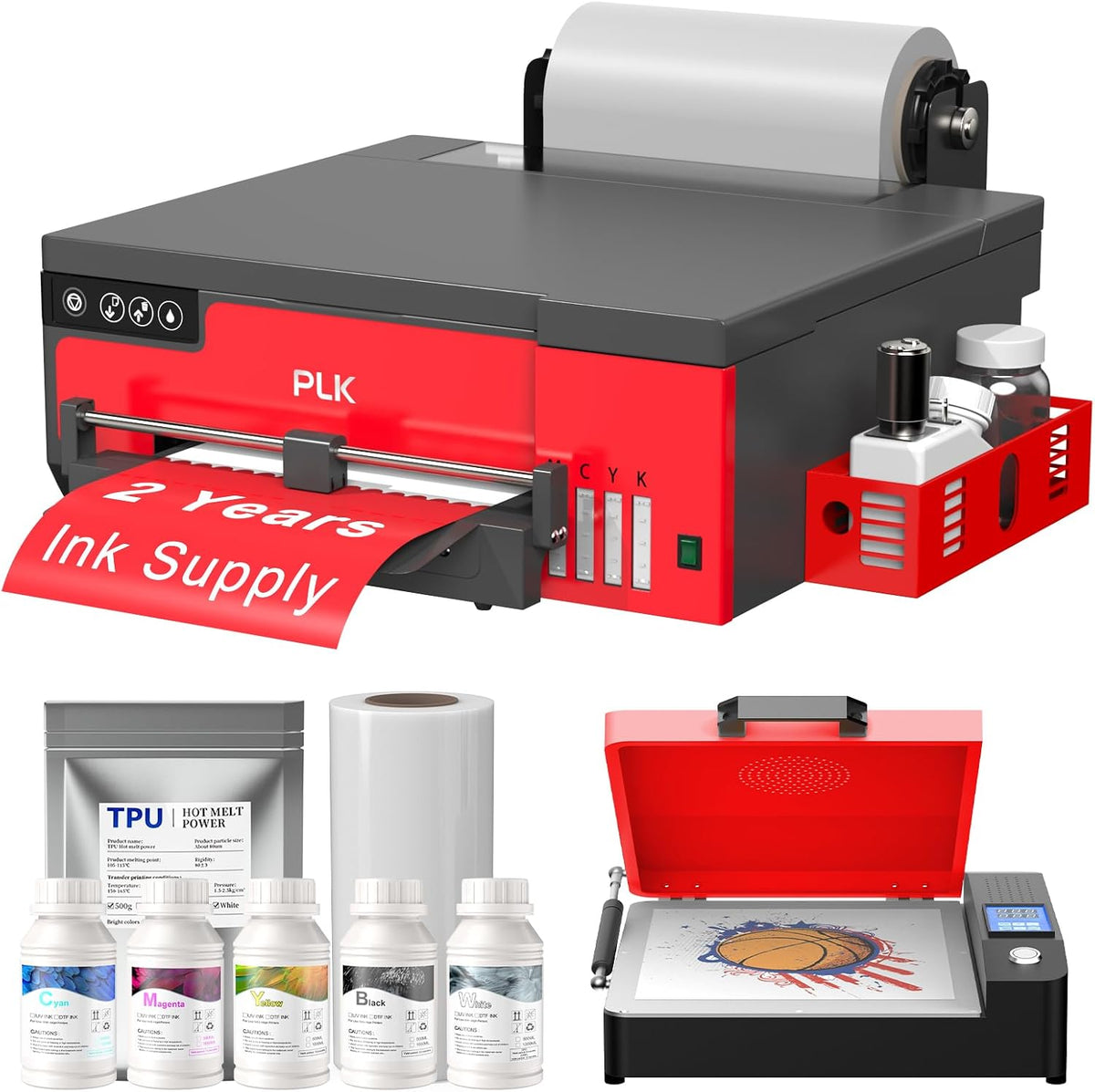 PLK DTF A4 Drucker mit XP600 Druckkopf, DTF L8058 Druckermaschine mit weißem Tintenrührsystem, 100% Transferdruck für (Red, A4 Printer+Oven)