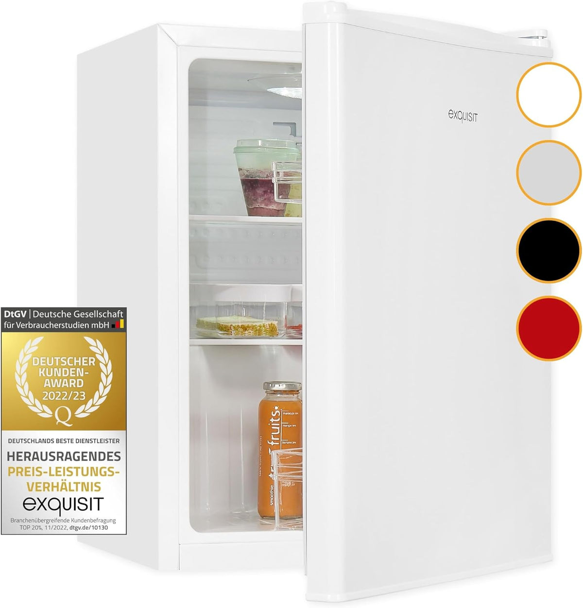 Exquisit KB60-V-090E Mini-Kühlschrank in Weiß, 52 L, 45 cm Breit, Kompakte Minibar für Getränke & Snacks, für Büro & Hotel, LED, flexibler Türanschlag