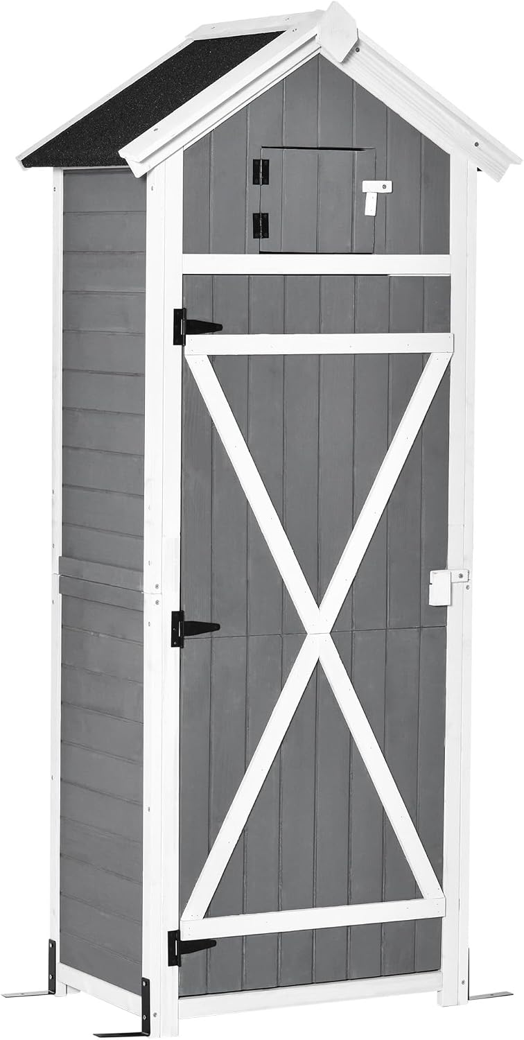 Outsunny Gartenschrank Holz Wetterfest Gerätehaus Tür 78x52,5x182cm Grau
