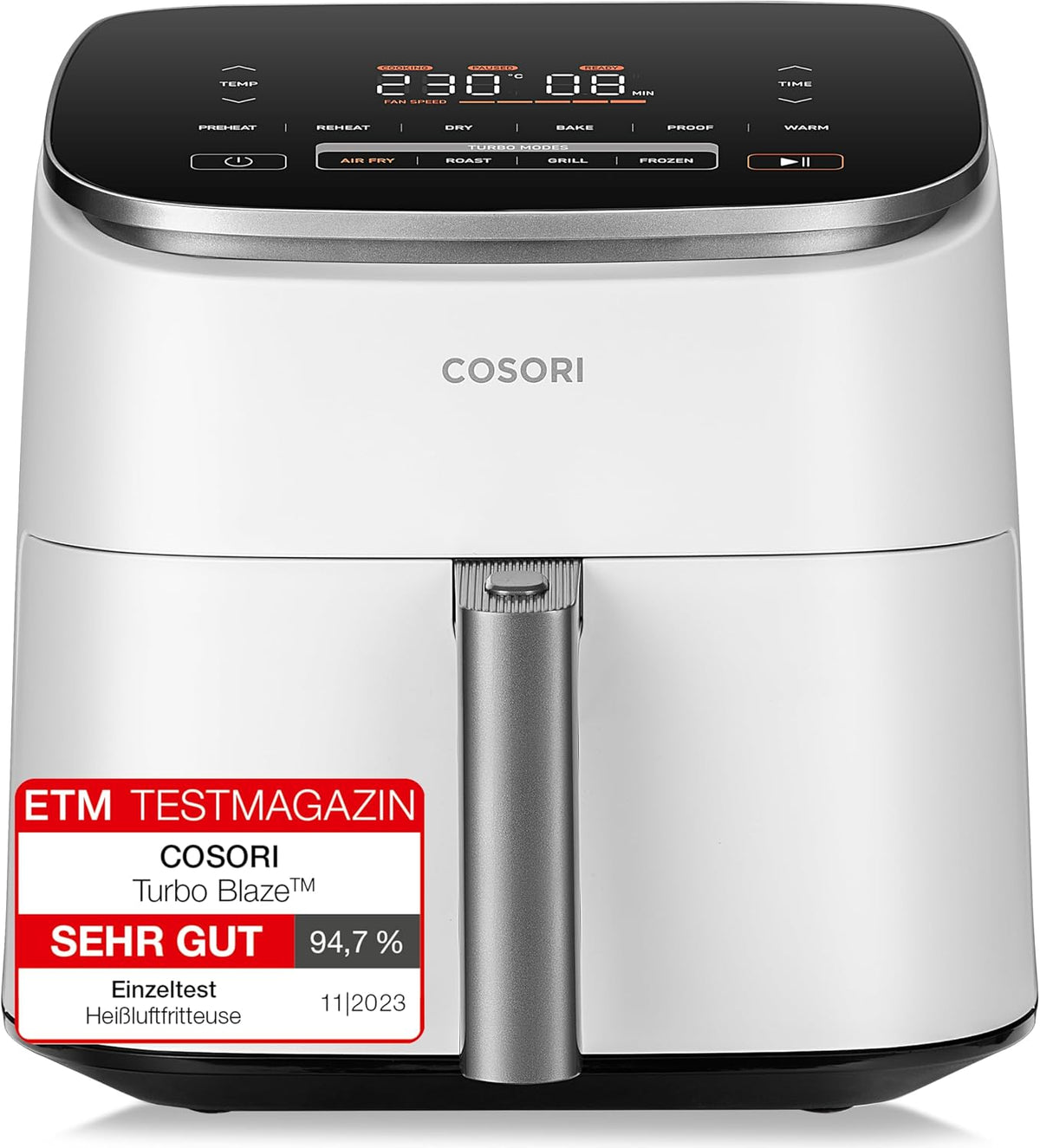 Cosori Turboblaze Heißluftfritteuse Airfryer, 9-in-1 Air Fryer XXL 6L, leiser DC Motor mit 5 Geschwindigkeitsstufen, Grillen, Backen, Gären, Weiß