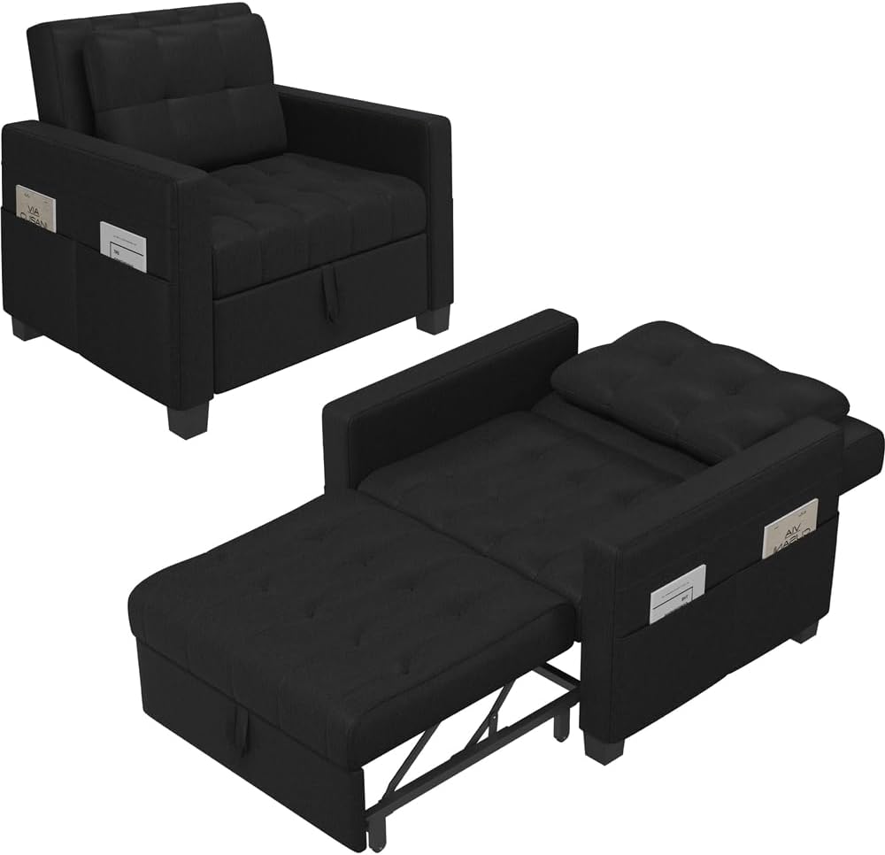 Yaheetech Schlafsessel mit Bettfunktion 3-in-1 Ausziehbares Schlafsofa Umwandelbarer Stuhl Bett Verstellbarer Einzelsessel mit Seitentasche, Schwarz