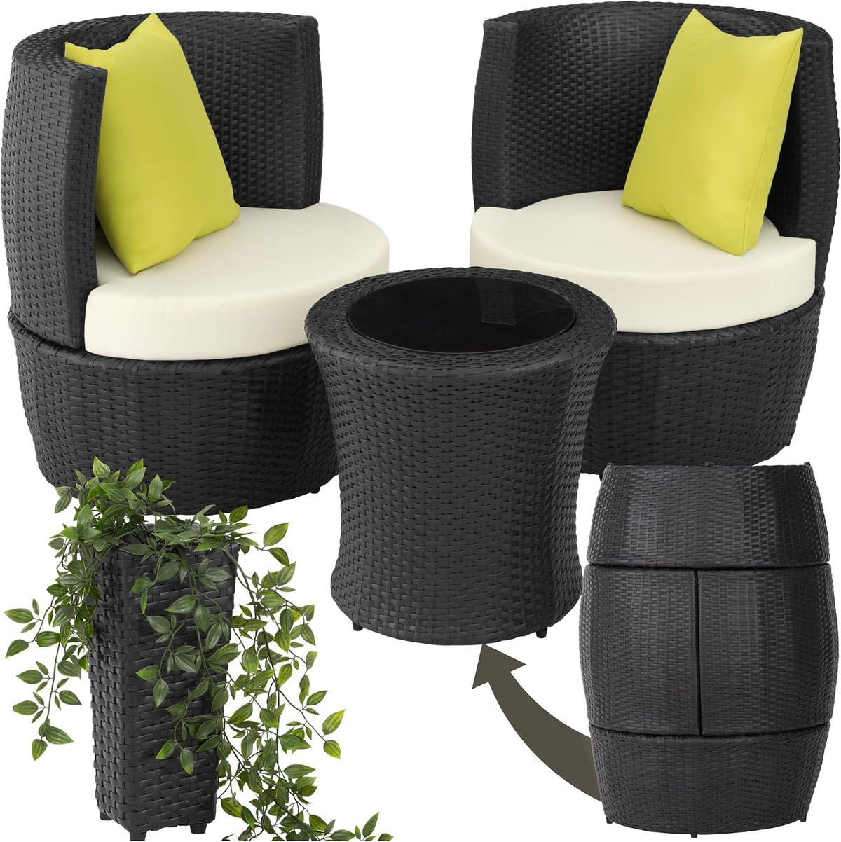 tectake Rattan Set 2 Personen, Outdoor Sitzgruppe mit 2X Stuhl, mit Polster und Kissen, Balkonmöbel, Aluminium Gartenmöbel Set, 1 Beistelltisch rund