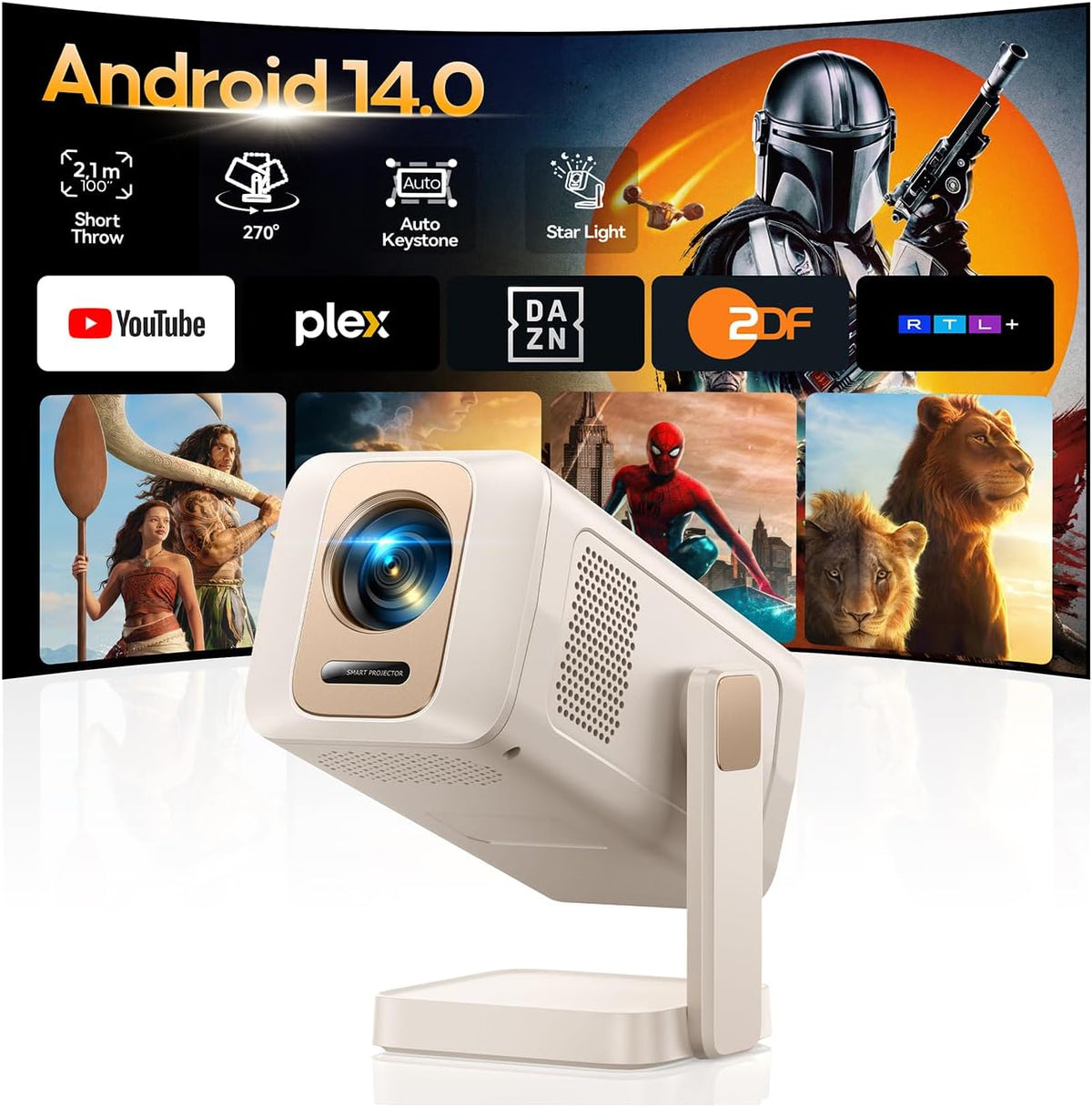 Mini Beamer [Integrierte Apps, Kurzdistanz] Smart Beamer 1080P Unterstützt