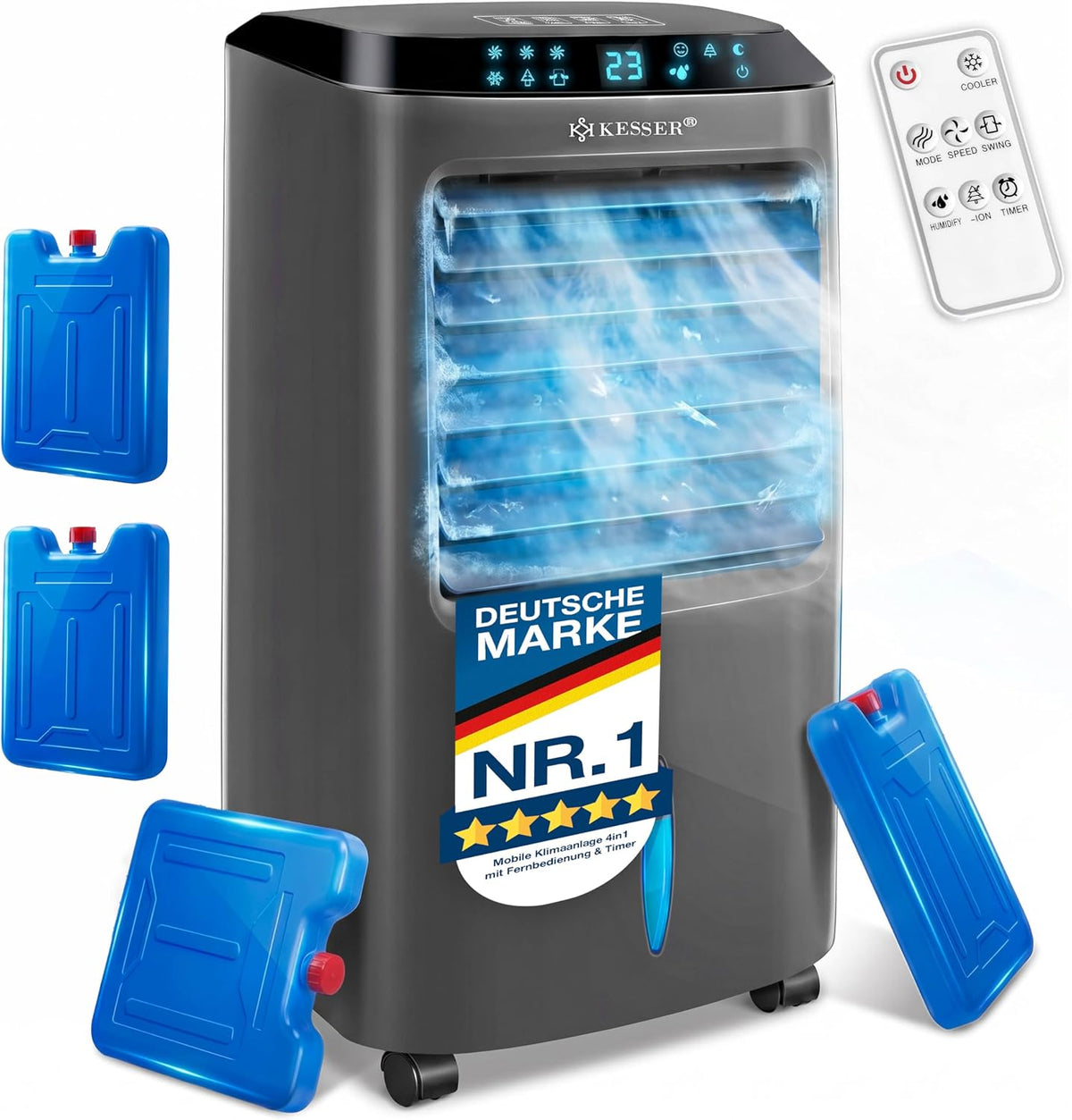 KESSER Mobile Klimaanlage 4in1 Luftkühler, Ventilator Klimagerät ohne Abluftschlauch, 10L Wassertank, Air Cooler mit Fernbedienung & Timer