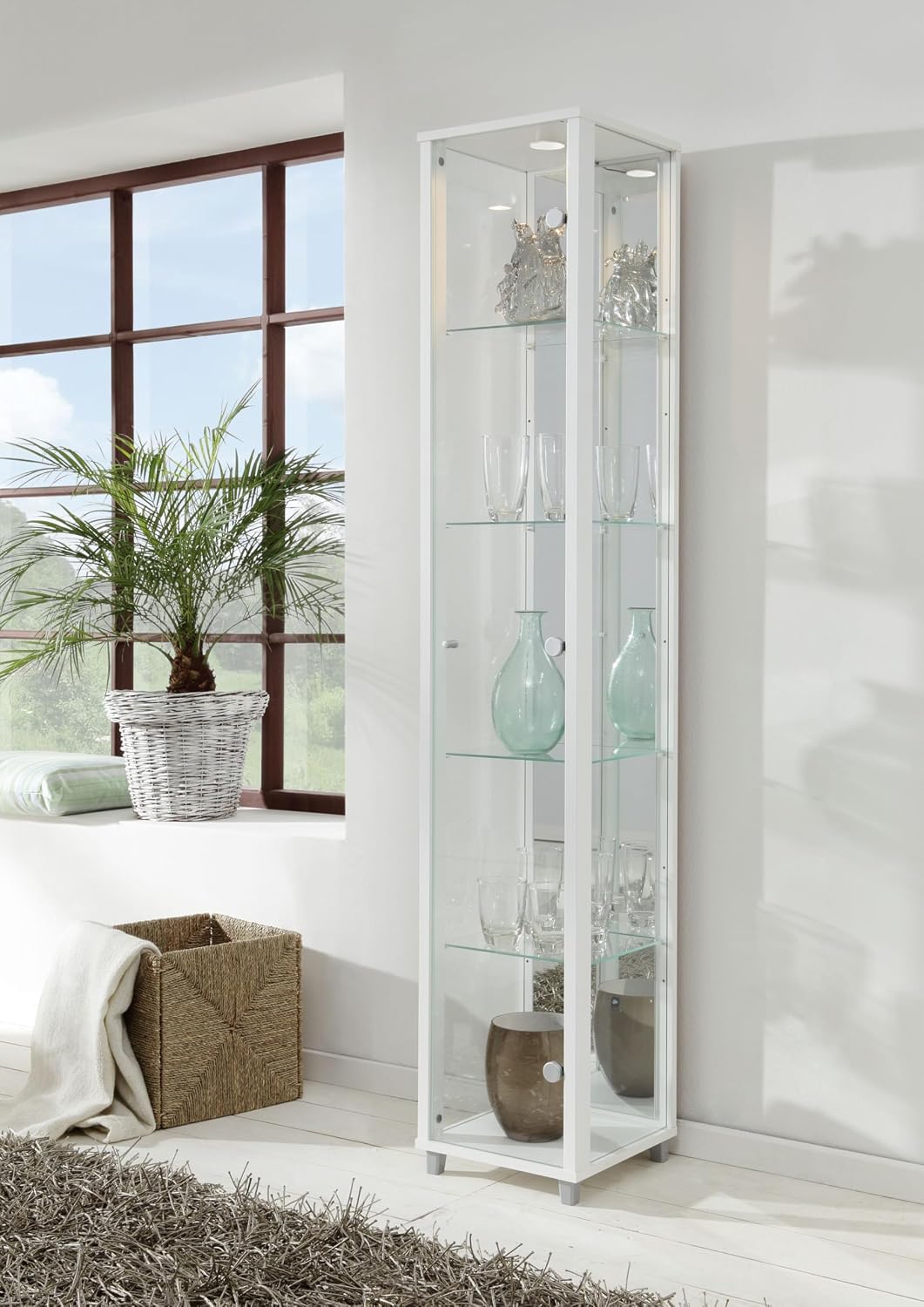 VR-Wohnwelten Glasvitrine (172x32x33 cm) in Weiss mit 4 Glasböden, Spiegel und LED, Modellauto Vitrine Weiß, Wohnzimmerschrank Regal Wand Schrank