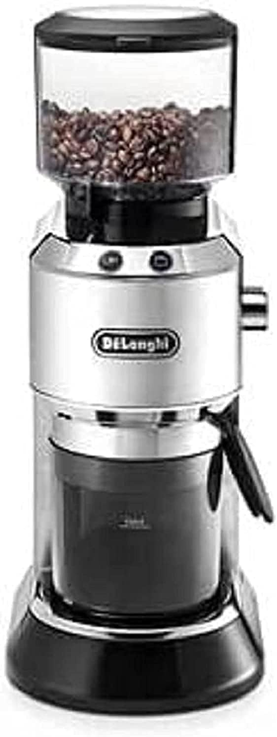 De'Longhi Dedica KG 520.M Elektrische Kaffeemühle, Vollmetallgehäuse, Edelstahl Kegelmahlwerk, einstellbare Mahlgradeinstellung, Silber