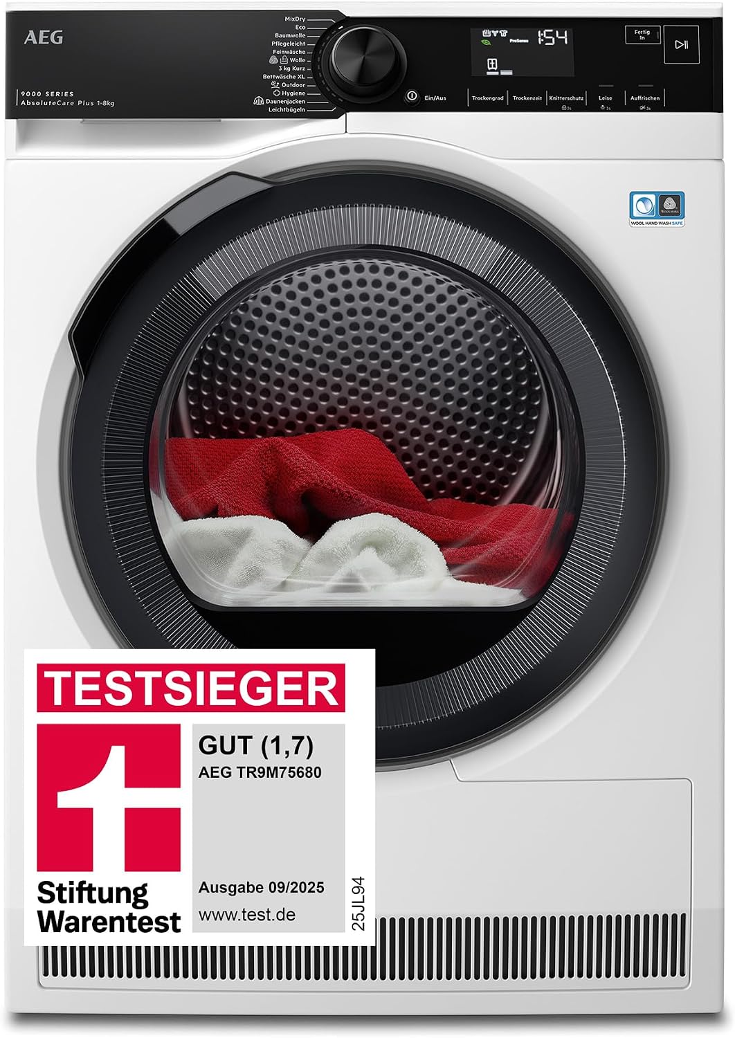 AEG Wärmepumpentrockner 8 kg, Punktgenaue Trockenergebnisse mit 3D-Scan Restfeuchteermittlung, TR9M75680, Testsieger der Stiftung Warentest 2025