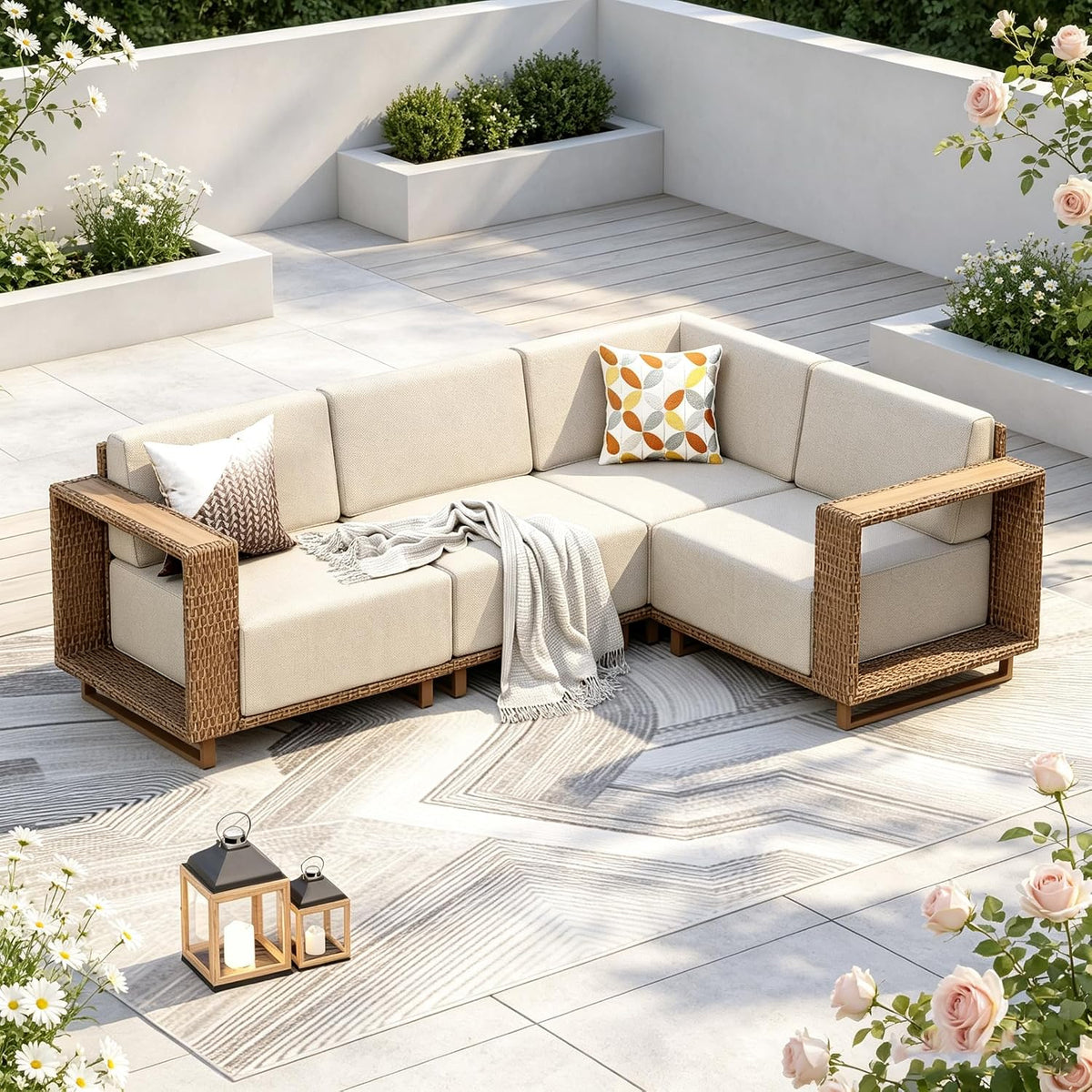 PHI VILLA Rattan Gartenmöbel Set mit 25 cm Kissen, L-Form Gartenlounge Gartensofa Terassenmöbel für Außen, 4 Personen Outdoor Lounge Möbel Ecksofa