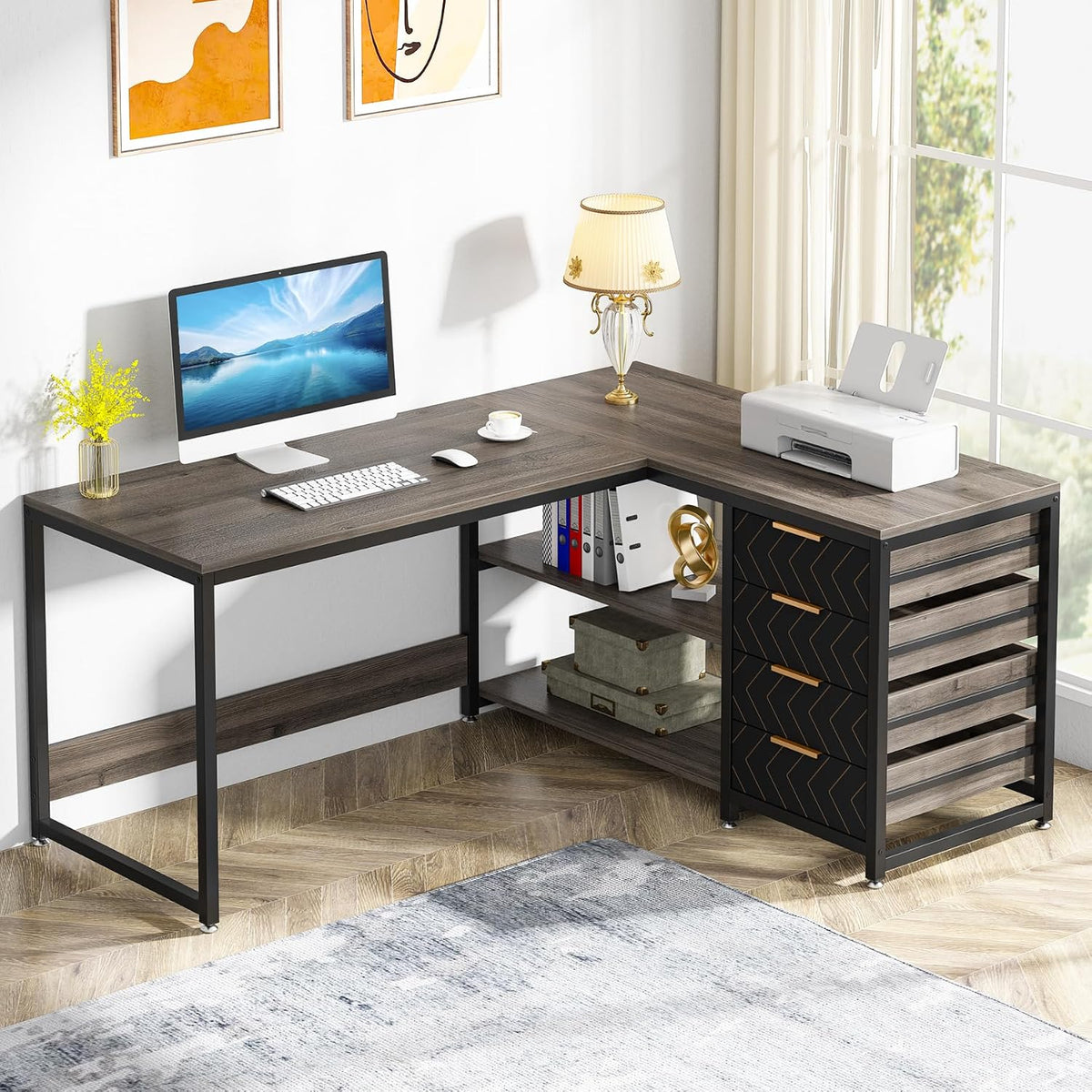 Tribesigns l Form Schreibtisch mit 4 Schubladen, Wohnzimmer,150×110×75cm (grau), L-förmiger lang Computertisch mit 2 Ablagen, Arbeitszimmer