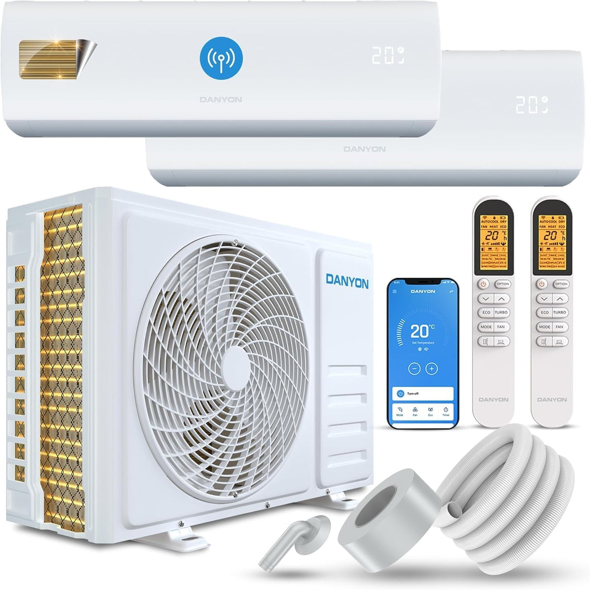 Danyon Multisplit Klimaanlage 2 Innengeräte, 18000 BTU, 5,2 kW, Splitgerät vorgefüllt (18000 BTU), Inverter Klimagerät mit Heizfunktion, Smart Home