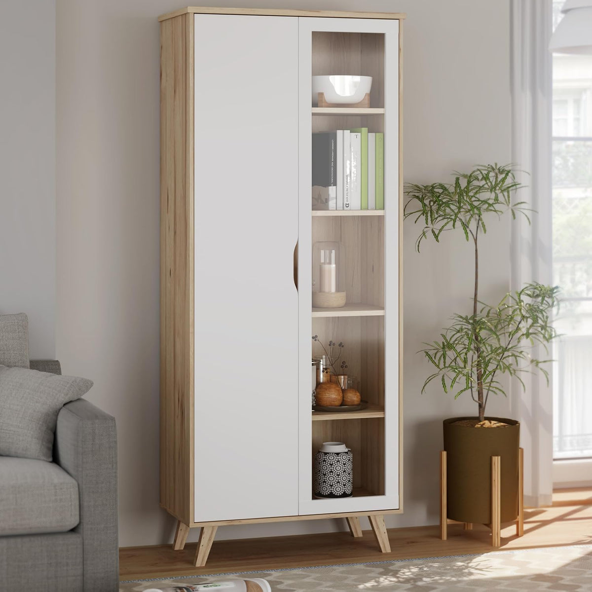 Forte VANKKA Vitrine 85, 84,7 cm breit, 201,5 cm hoch, 42 cm tief, Vitrinenschrank mit 2 Türen (Davon 1 Glastür) und 2 Schubladen, Holzwerkstoff