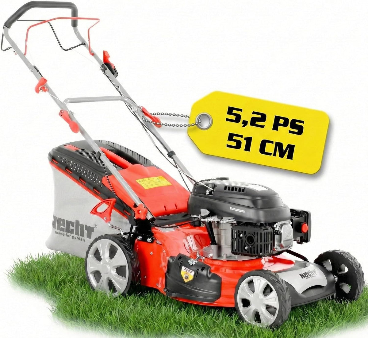 HECHT Rasenmäher Benzin mit Antrieb, 5-in-1 Mulchfunktion, 51 cm Schnittbreite, 70L Fangkorb, 5,2 PS Benziner für Garten bis 1500 m², Seitenauswurf