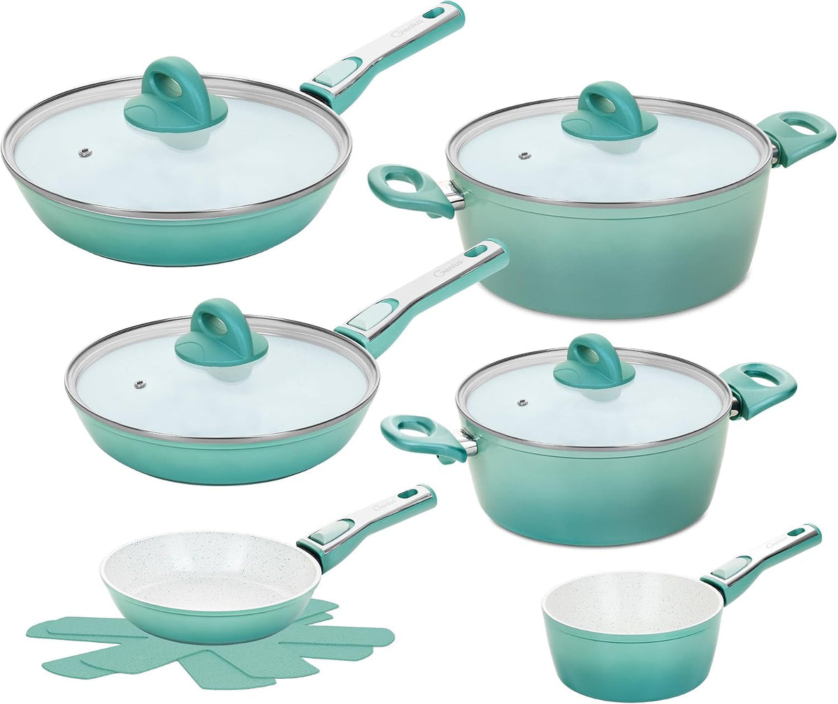 Genius Cerafit Revolution Pfannen Topf Deluxe Set 12 tlg., Glasdeckel, Viles Einleger, Keramik antihaftbeschichtete Bratpfanne, abnehmbarer Griff