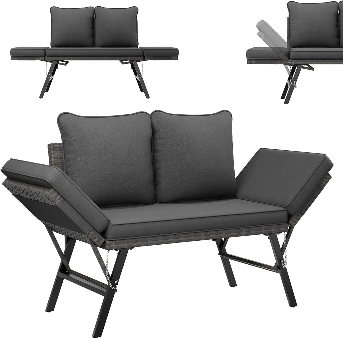 UDPATIO Polyrattan Gartenbank Wetterfest mit Liegefunktion Balkonsofa 3 in 1 Verstellfunktion mit Extra Dicke Sitzpolstern & Kissen für Garten, Balkon
