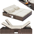 UDPATIO XXL Rattan Gartenliege wetterfest, Outdoor Doppelliege mit 5-Fach Verstellbarer Rückenlehne für Balkon, Braun+schwarz & Cremefarbene Bezüge