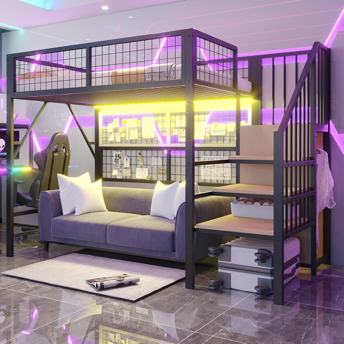 Merax Metall-Hochbett 90x200 cm, Schwarz (ohne Matratze), Leiter-Aufbewahrung und offenem Schrank, Stauraum unter dem Bett, mit LED-APP-Streifen
