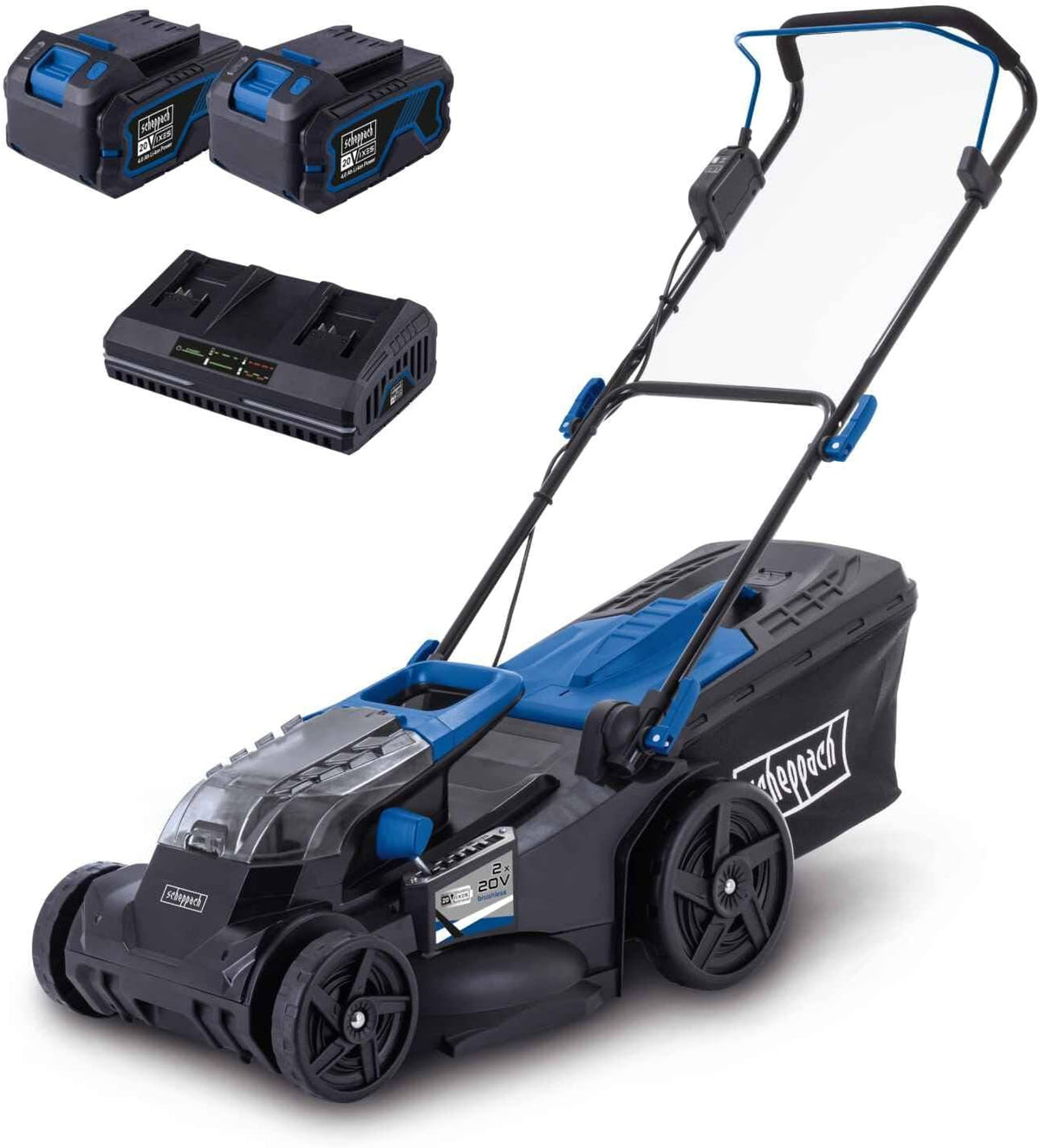 Scheppach Akku Rasenmäher BC-MP430-X, 43cm Schnittbreite, Schnitthöhe 25–75mm, 20V-IXES-Serie, 50L Korb, 2X 4Ah Akku & Fastcharge Doppelladegerät