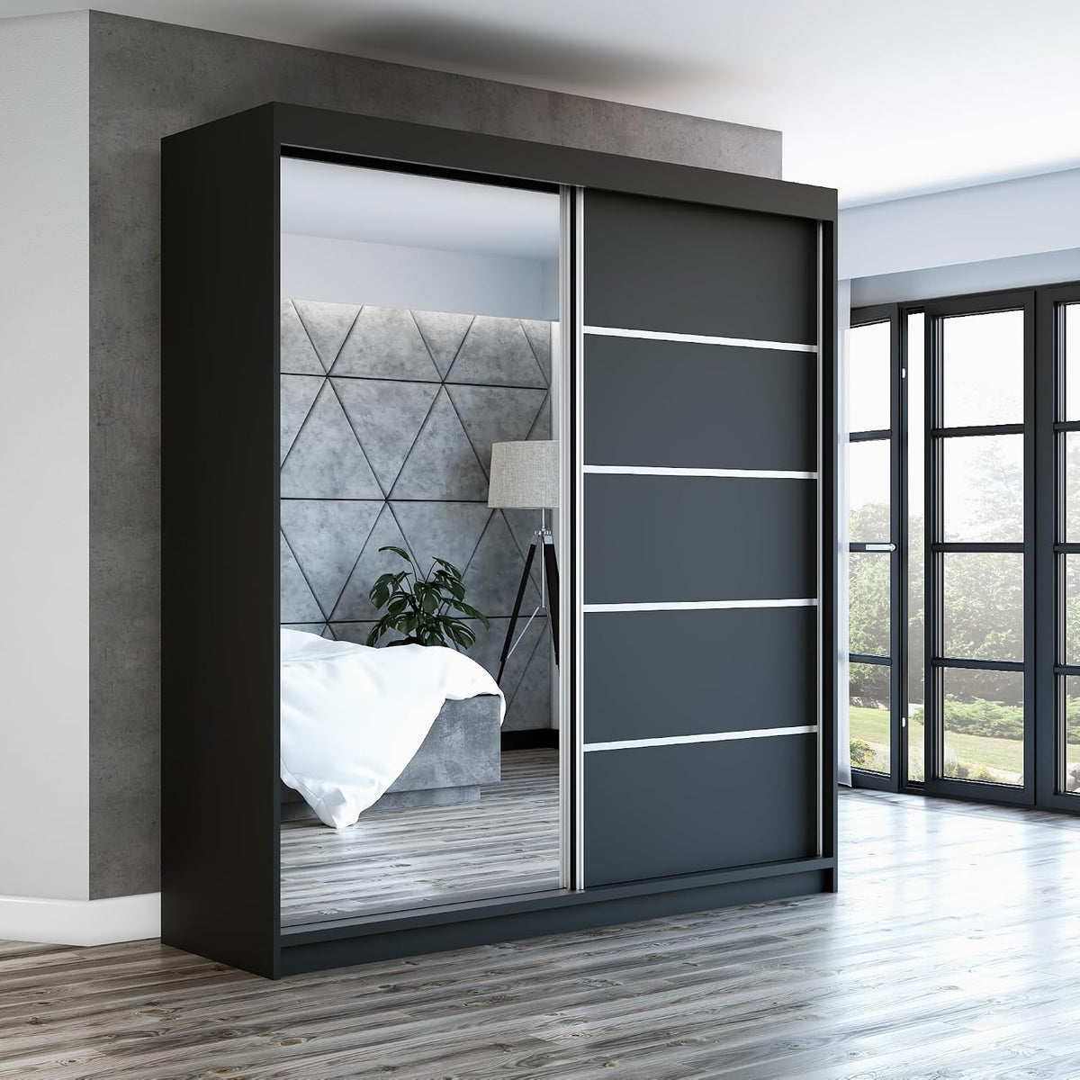 A&J MöbelLand Schwebetürenschrank GAPI Kleiderschrank 2-türig mit Spiegel, Garderobe 160 cm (Schwarz/schwarz/schwarz)
