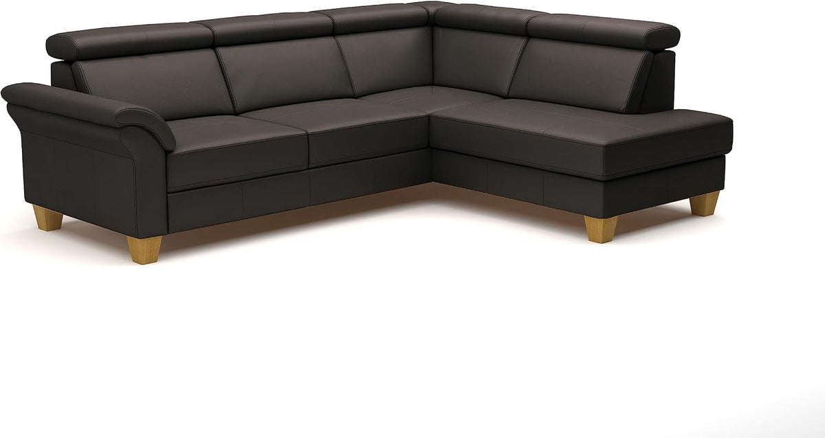 CAVADORE Leder-Ecksofa Ammerland mit Ottomane/Landhaus-Sofa mit Federkern + Kopfteilverstellung/245 x 84 x 194/Leder Dunkelbraun