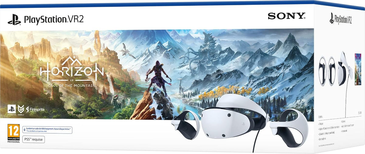 Sony, Pack PlayStationVR2 Horizon Call of the Mountain, kompatibel mit Konsole PlayStation 5, Casque VR + Manette PS VR2 Sense, Couleur: Noir et Blanc