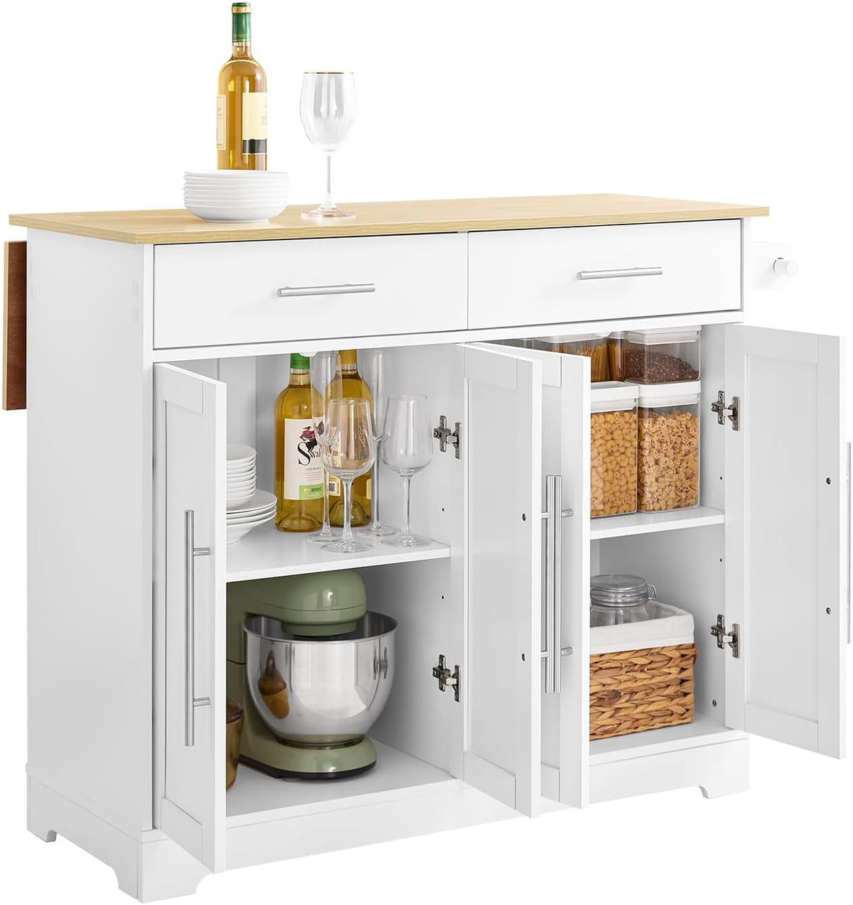 SoBuy Kücheninsel mit Rollen, freistehende Kücheninsel mit Schubladen für kleine Küchen Weiß 113 x 91 x (44–69) cm FKW129-WN, platzsparende
