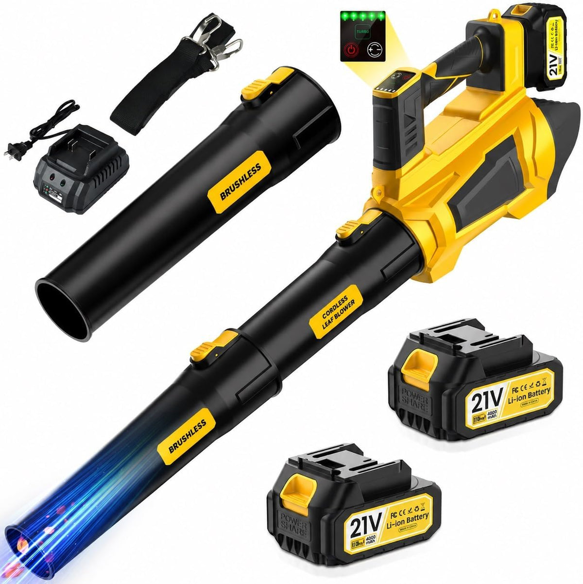Akku Laubbläser 21V 8000mAh, 1000W Bürstenloser Motor 98000 U/min, Laubbläser Akku Kabellos mit 5 Geschwindigkeiten & Turbo-Modus