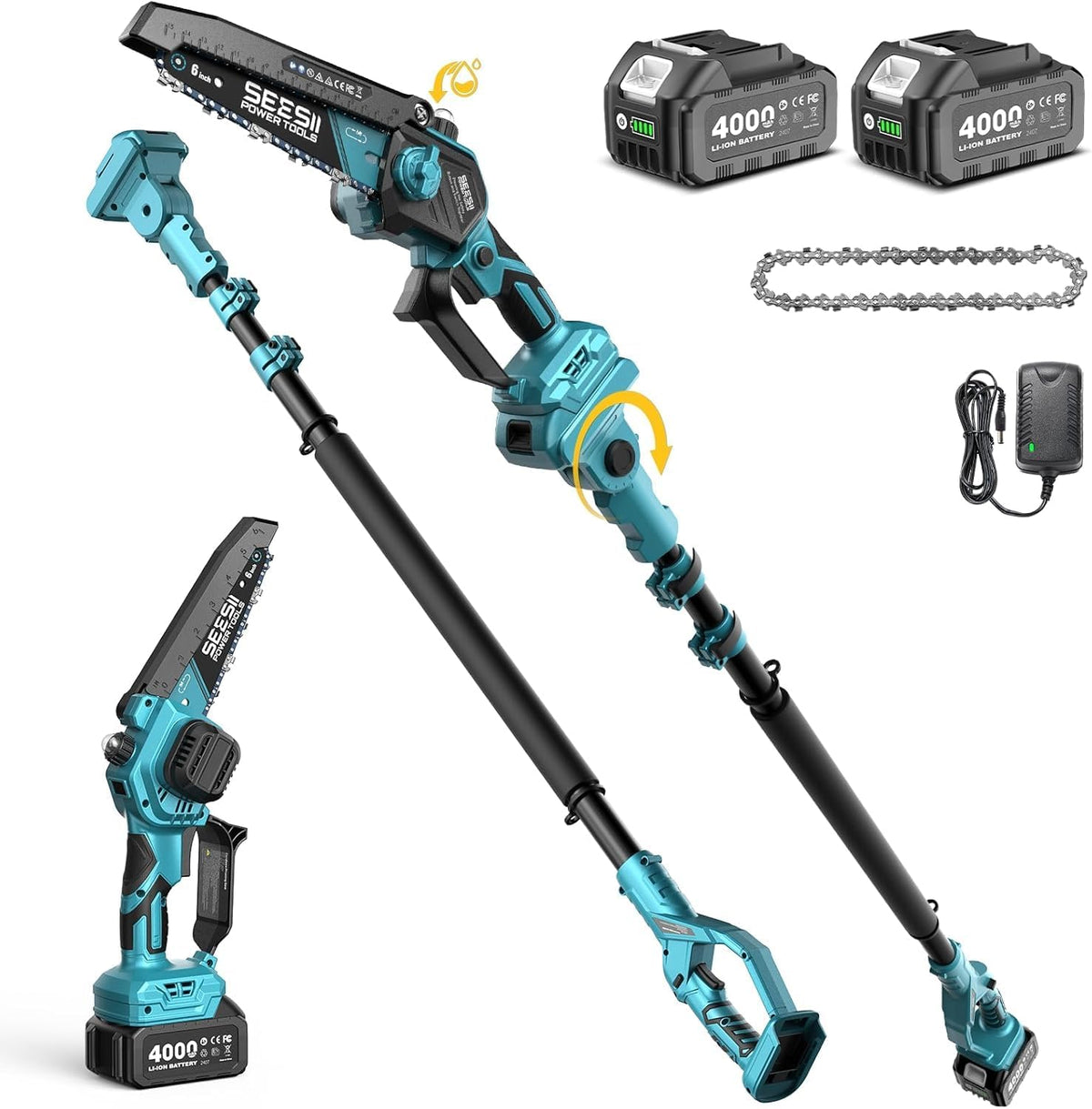 SEESII 2-in-1 Hochentaster Akku, 6-Zoll Mini-Kettensäge für Baum Trimmen
