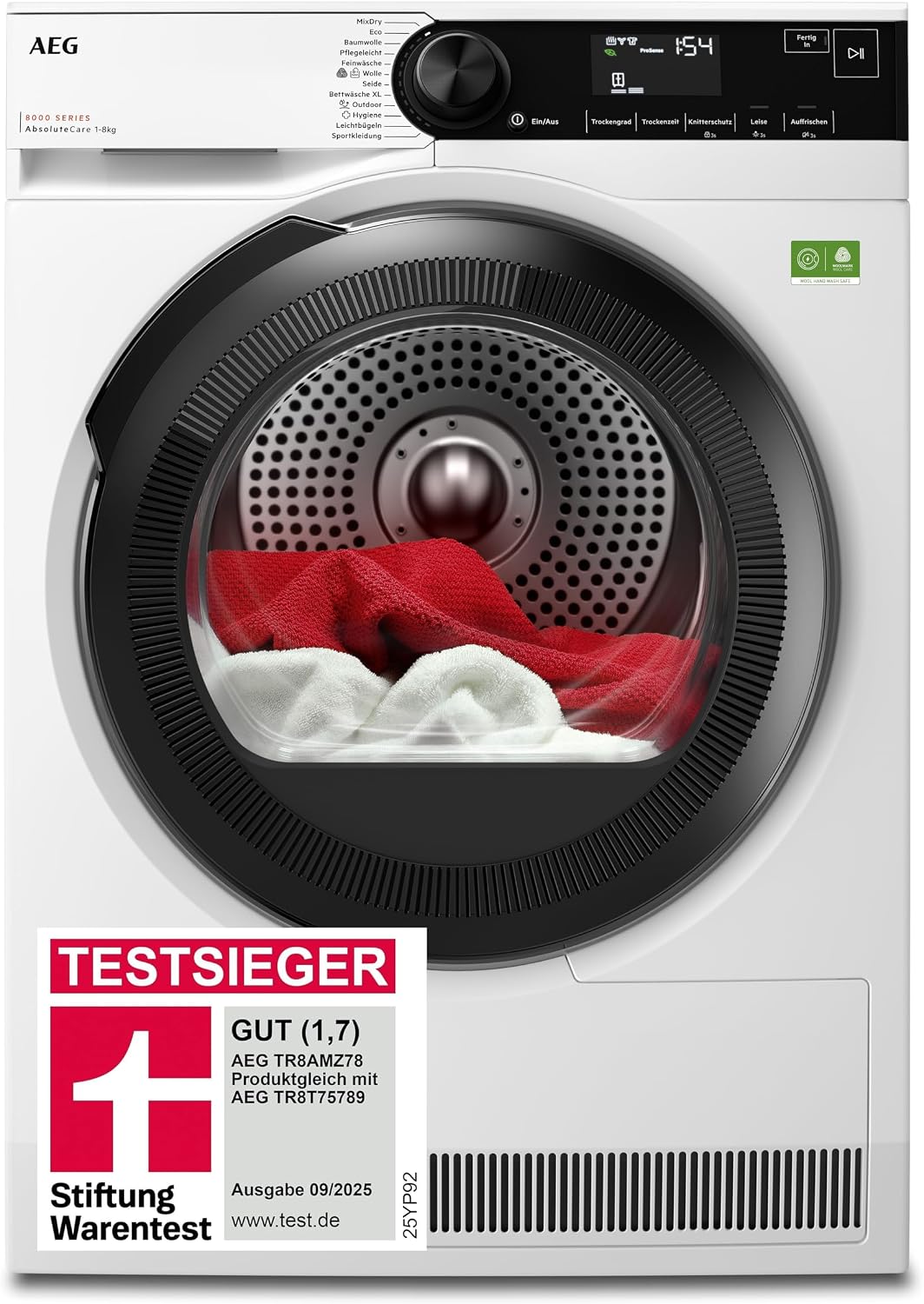 AEG Wärmepumpentrockner 8kg, Innenbeleuchtung TR8AMZ78, Reversierautomatik für Knitterschutz, Testsieger der Stiftung Warentest 2025