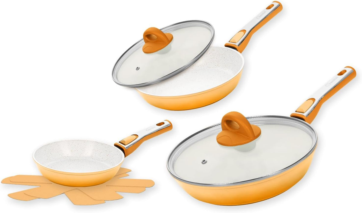 Genius Cerafit Revolution Keramik-Pfannenset 7-teilig, 20 cm + 24 cm + 28 cm, Vlies Einler inklusive, Antihaftbeschichtung, Orange