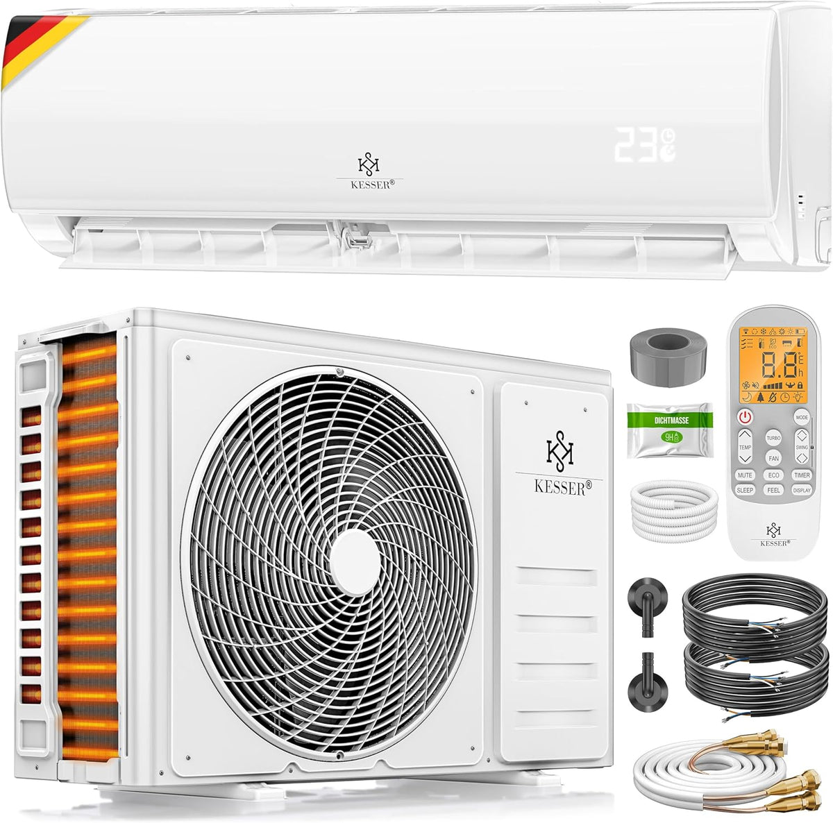 KESSER Split Klimaanlage Set Quick Connect 9000 BTU 2,6 kW, WiFi & App Klimagerät mit Heizfunktion & Kühlmodus Wandklimaanlage