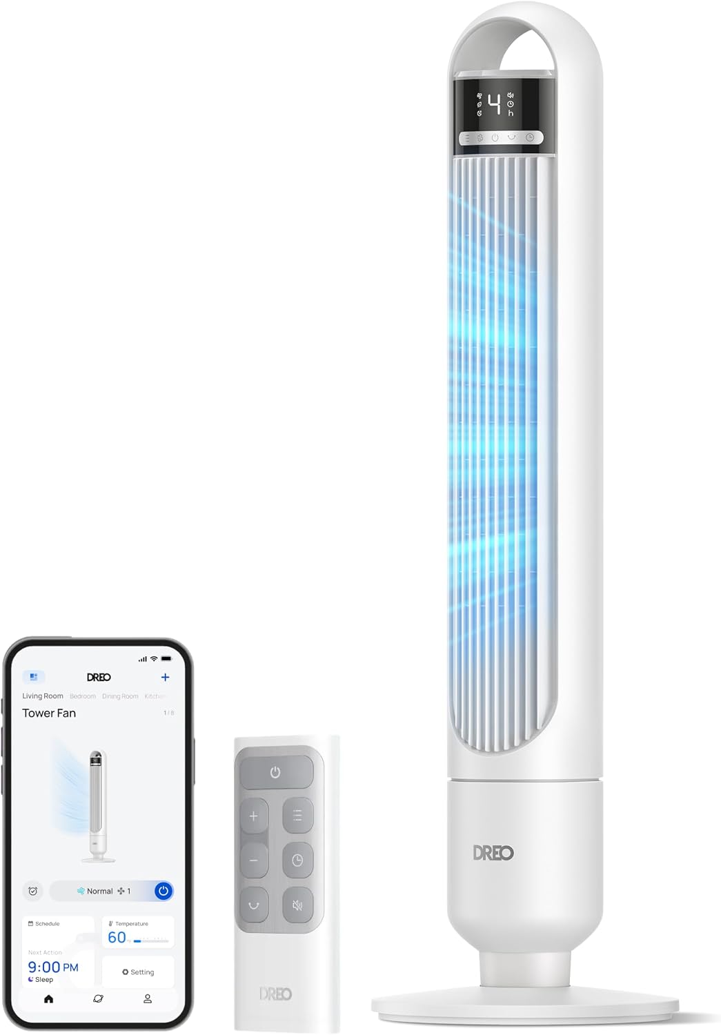 DREO Smart Turmventilator fürs Schlafzimmer, leiser Standventilator mit 28 dB, Luftreichweite bis 8,8 m, für Zuhause/Büro, 4 Stufen & 3 Modi, App
