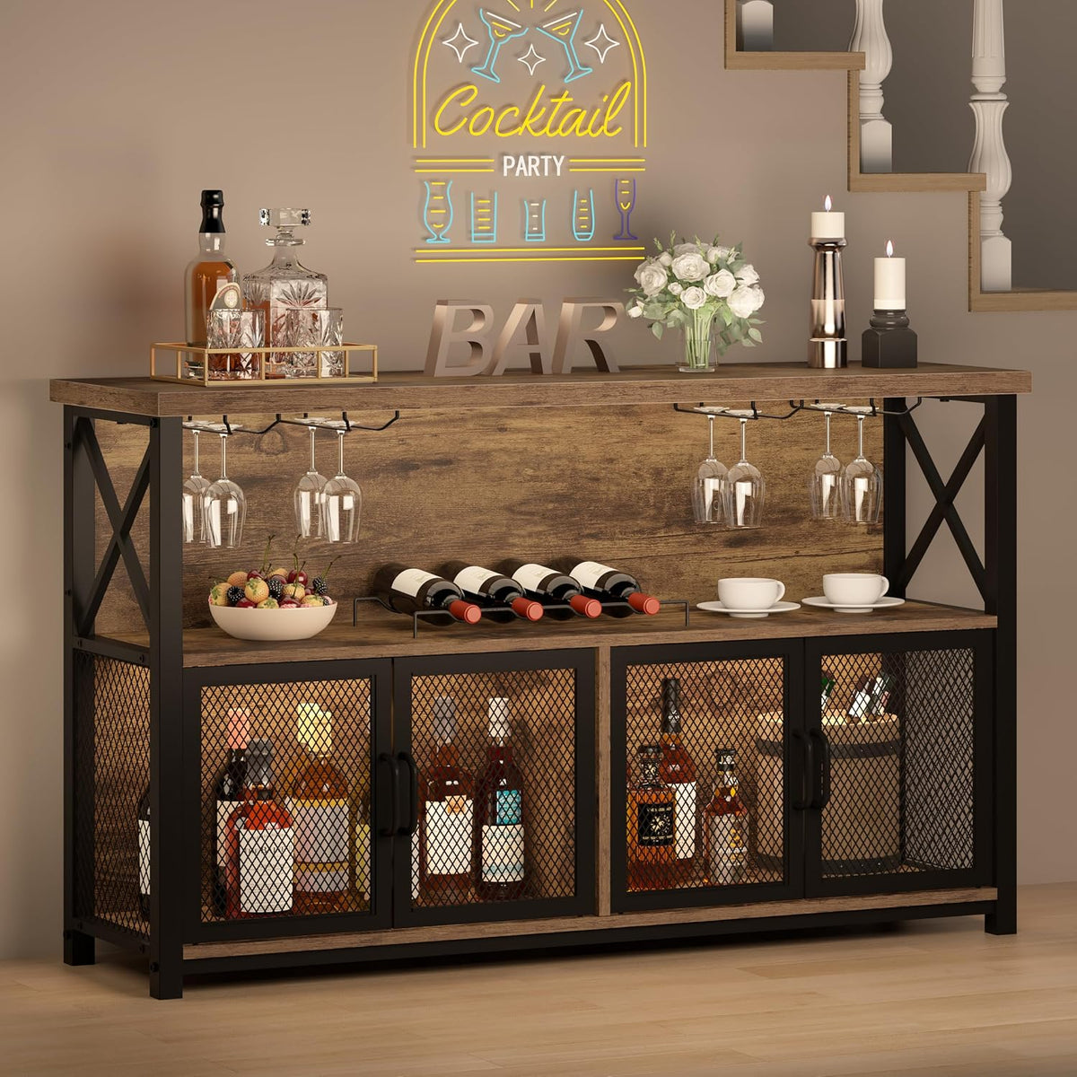 LVB Industrieller Kaffeebar-Schrank, Bauernhaus-Weinbarschrank für Likör und Gläser, Likörschrank und Weinregal mit Stauraum für Zuhause, Metall-Holz