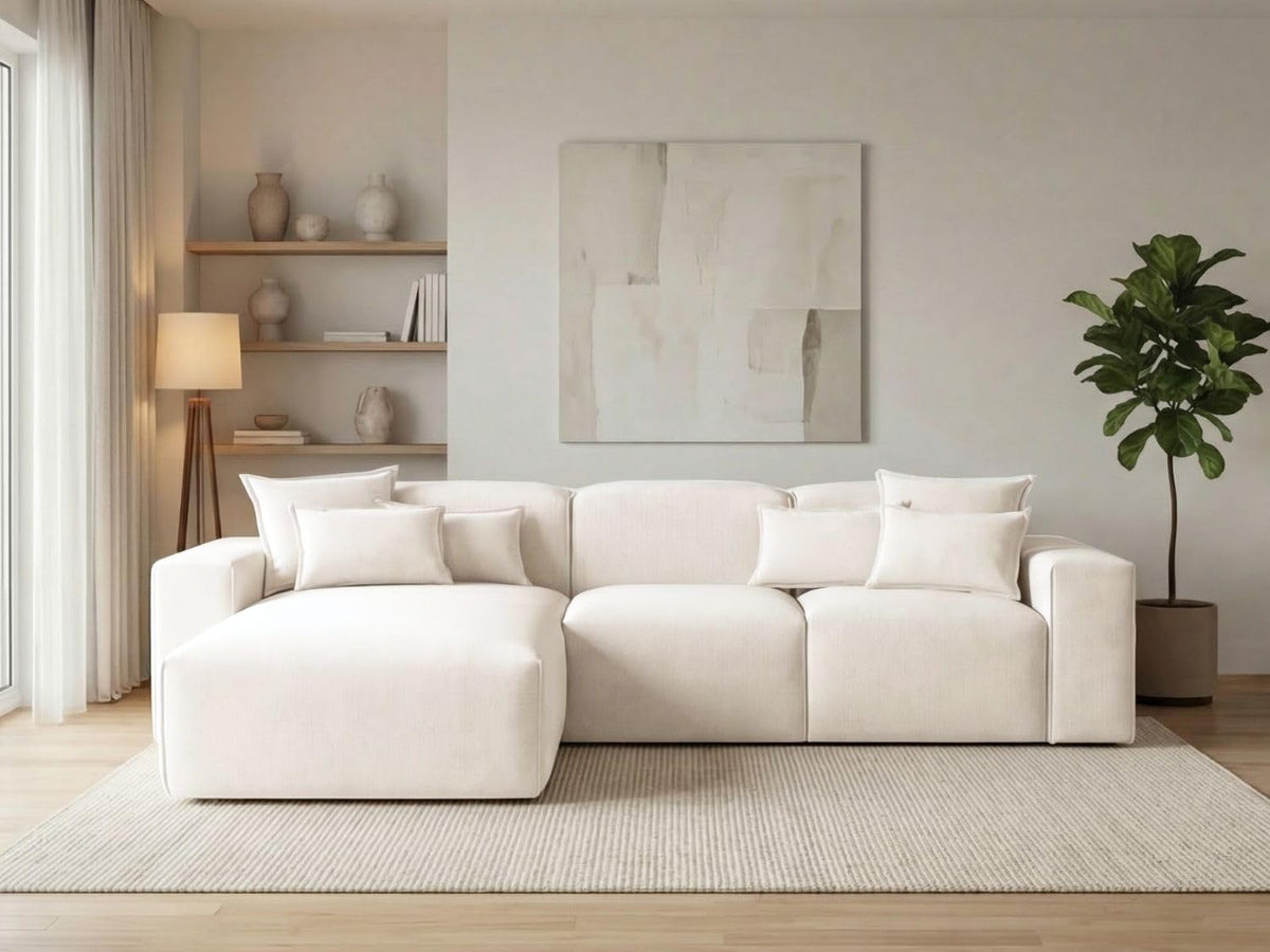 GRAINGOLD Leni Ecksofa 265x180 cm, L-Form Sofa, 3-Sitzer Eckcouch, Ecksofa für Wohnzimmer, Geflechtstoff, Modernes Design (Creme, Links)