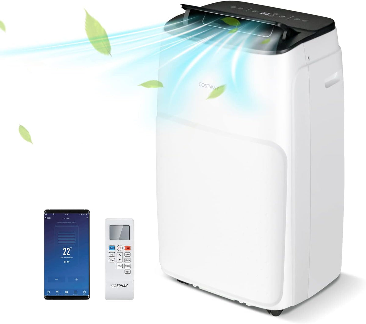 COSTWAY mobile Klimaanlage mit Abluftschlauch 14000 BTU, für Raum bis 135 m³, APP/Fernsteuern, Automatisches Abtauen